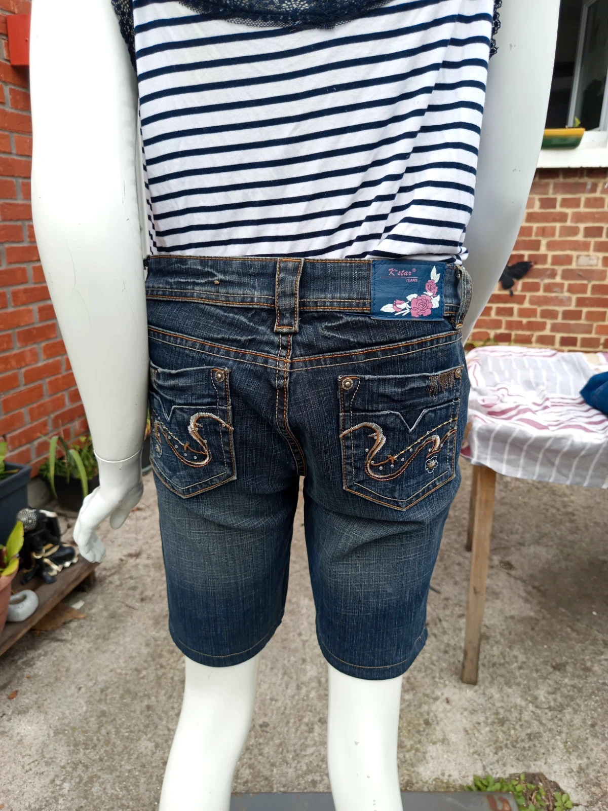 Bermuda en jean stretch brodé K-Star – Style Y2K – T42 – K-star – taille L / 40 / 12 4