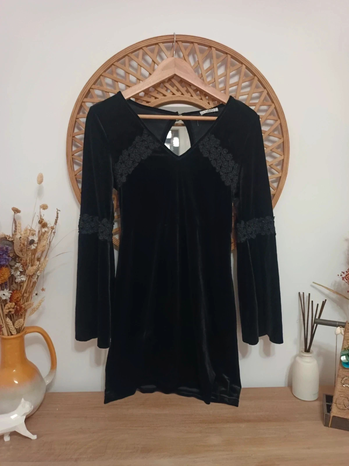 DODO Black Velvet Dress Gothic Lace Sleeves Robe Velours Noir Vestido Terciopelo M