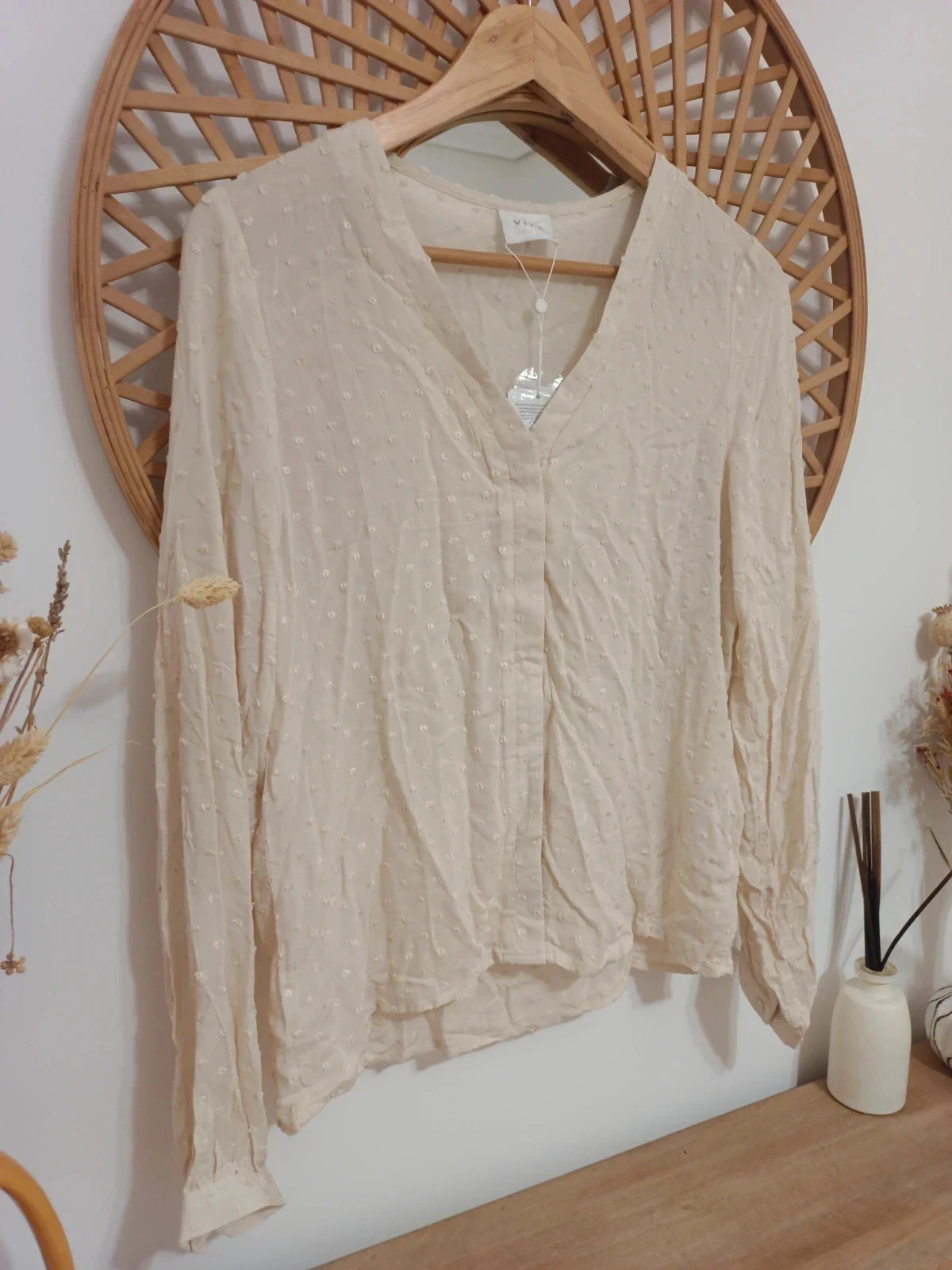 Blusa nueva beige de manga larga con efecto plumeti en relieve, XS-S – Vila – taille S / 36 / 8 3