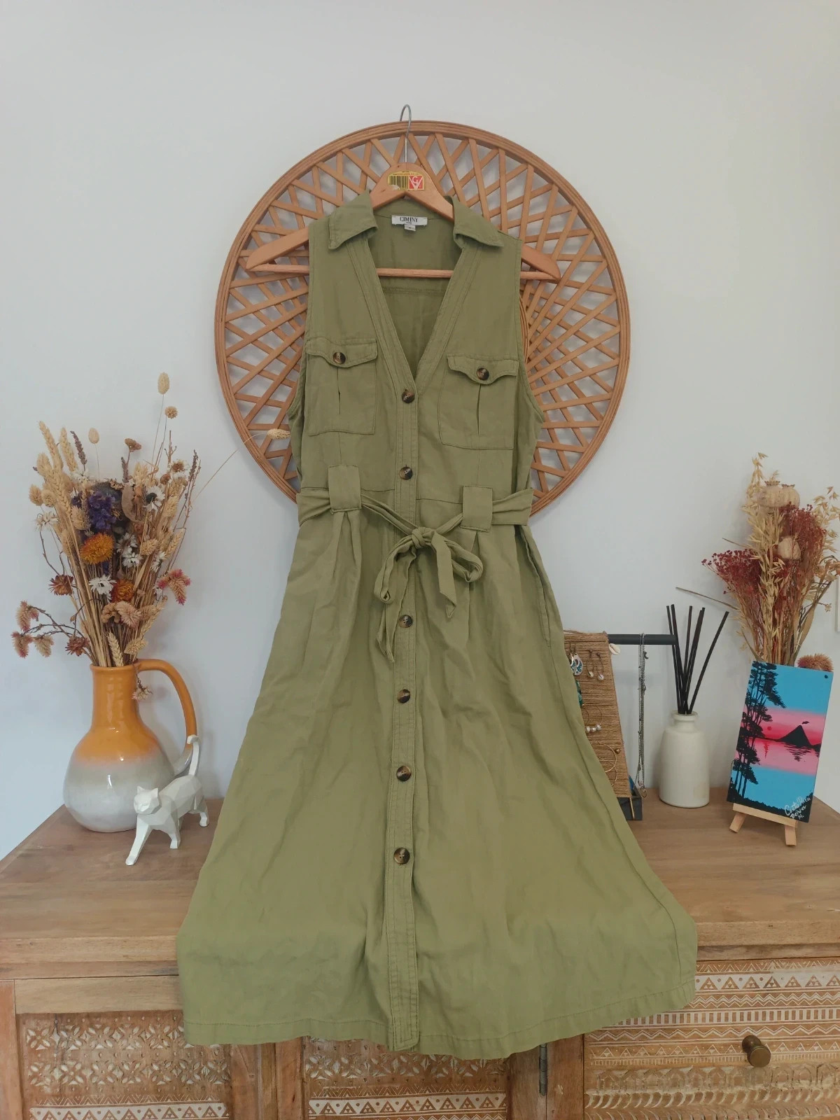 Vestido camisero safari caqui 100% algodón con cinturón midi sin mangas talla S – Ciminy – taille S / 36 / 8