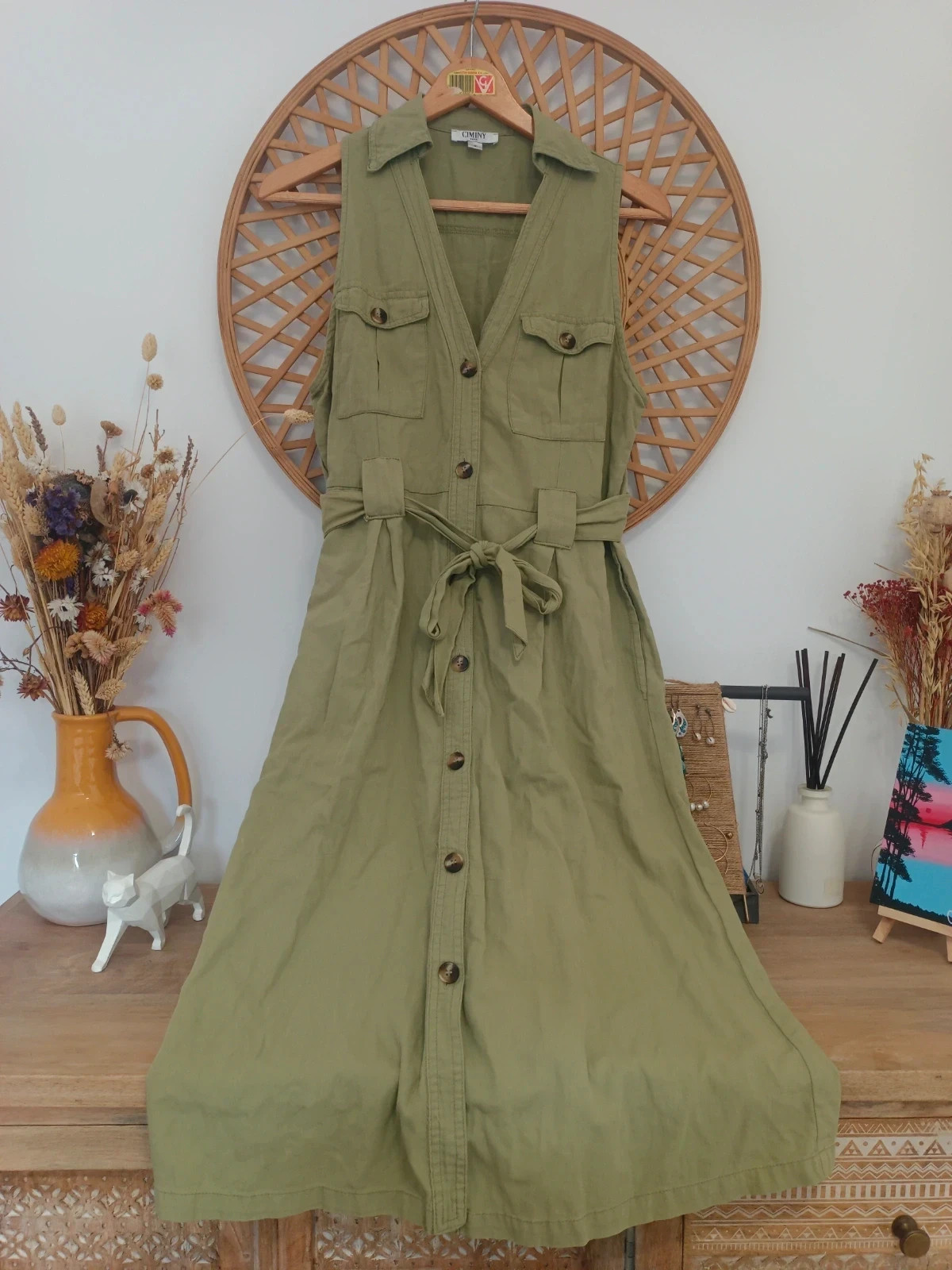 Vestido camisero safari caqui 100% algodón con cinturón midi sin mangas talla S – Ciminy – taille S / 36 / 8 2