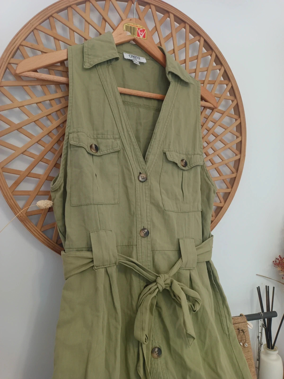 Vestido camisero safari caqui 100% algodón con cinturón midi sin mangas talla S – Ciminy – taille S / 36 / 8 3