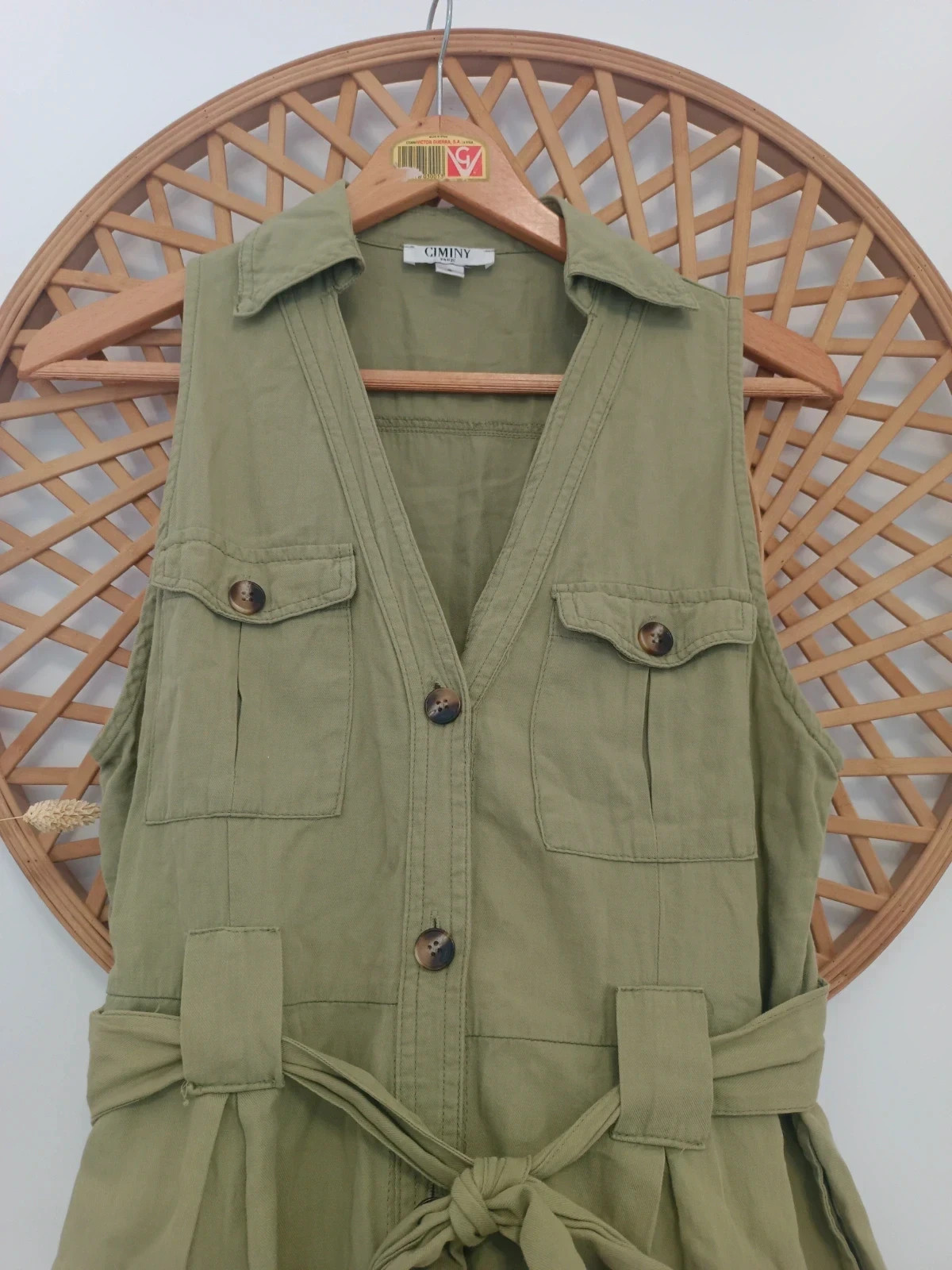 Vestido camisero safari caqui 100% algodón con cinturón midi sin mangas talla S – Ciminy – taille S / 36 / 8 4