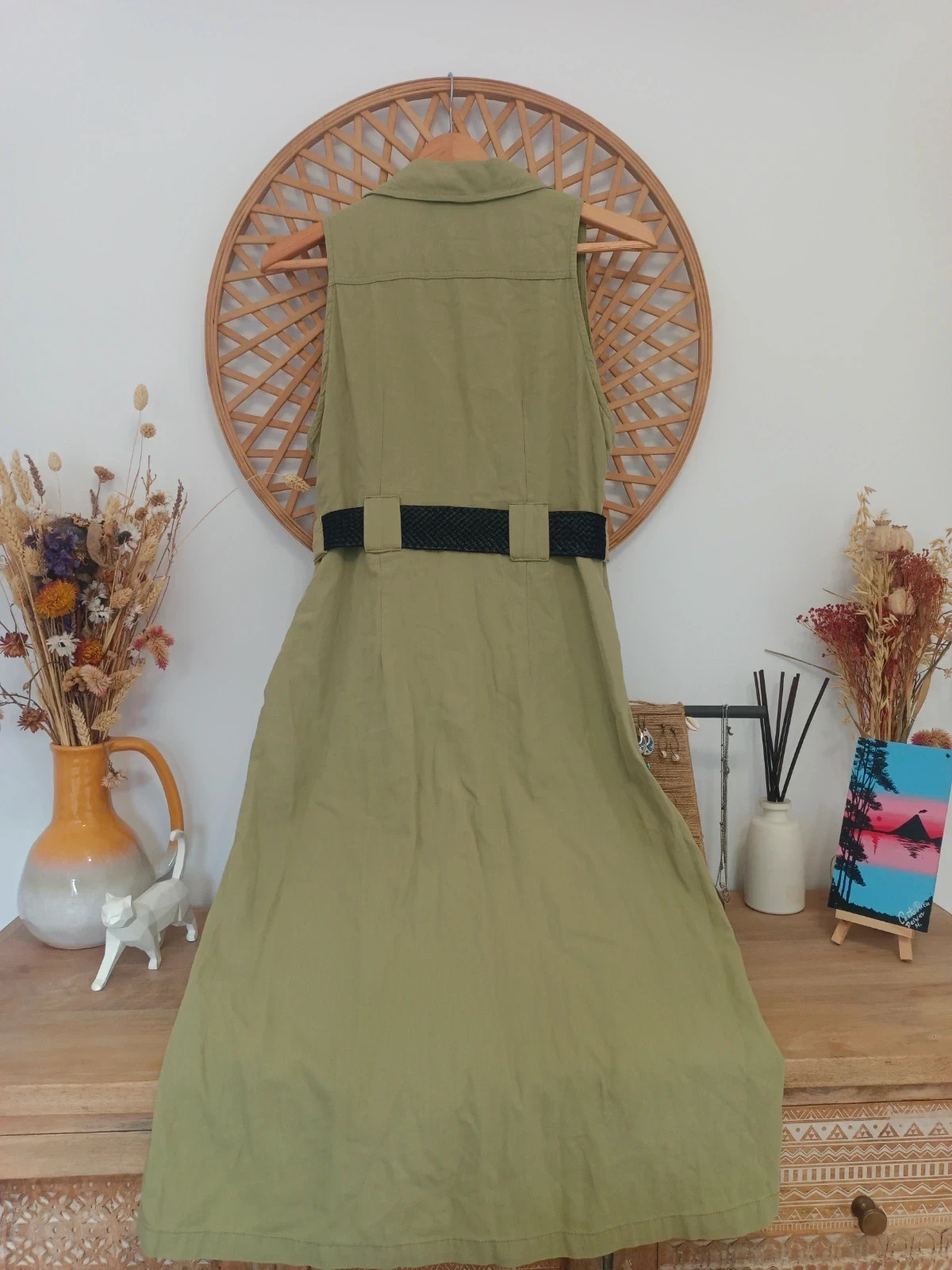 Vestido camisero safari caqui 100% algodón con cinturón midi sin mangas talla S – Ciminy – taille S / 36 / 8 5