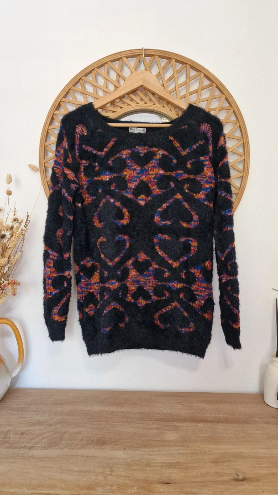 Jersey vintage Red Queen negro corazones multicolor mohair lana – suéter Y2K retro
