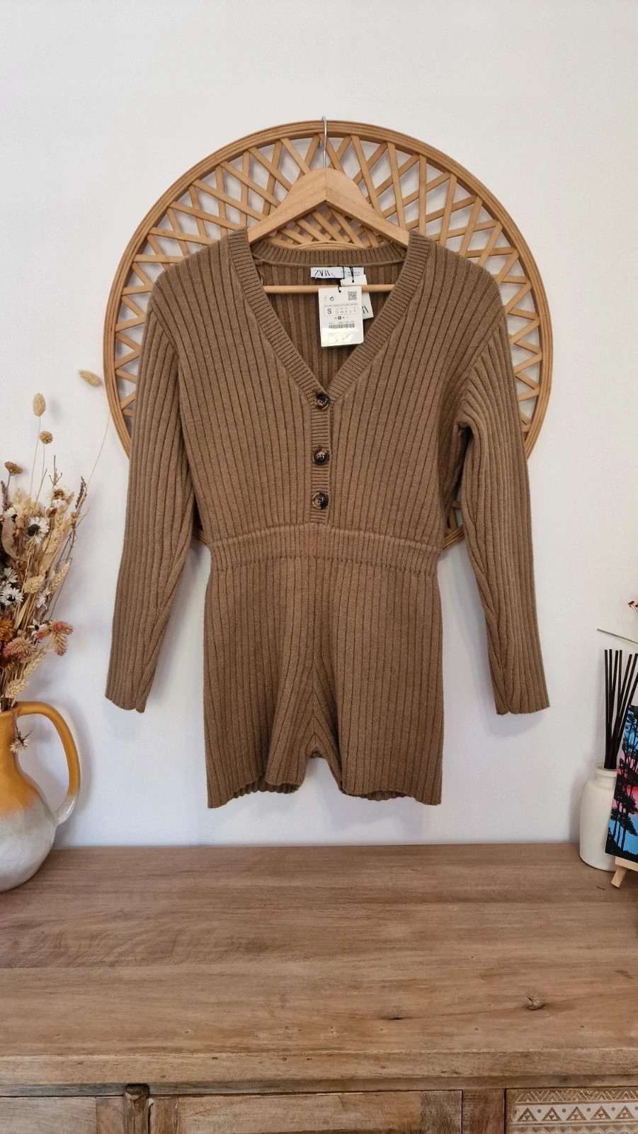 Mono otoño-invierno Zara Marrón Camel Punto Canalé · Brown Knit Romper · Combishort Maille · Talla S – Zara – taille S / 36 / 8