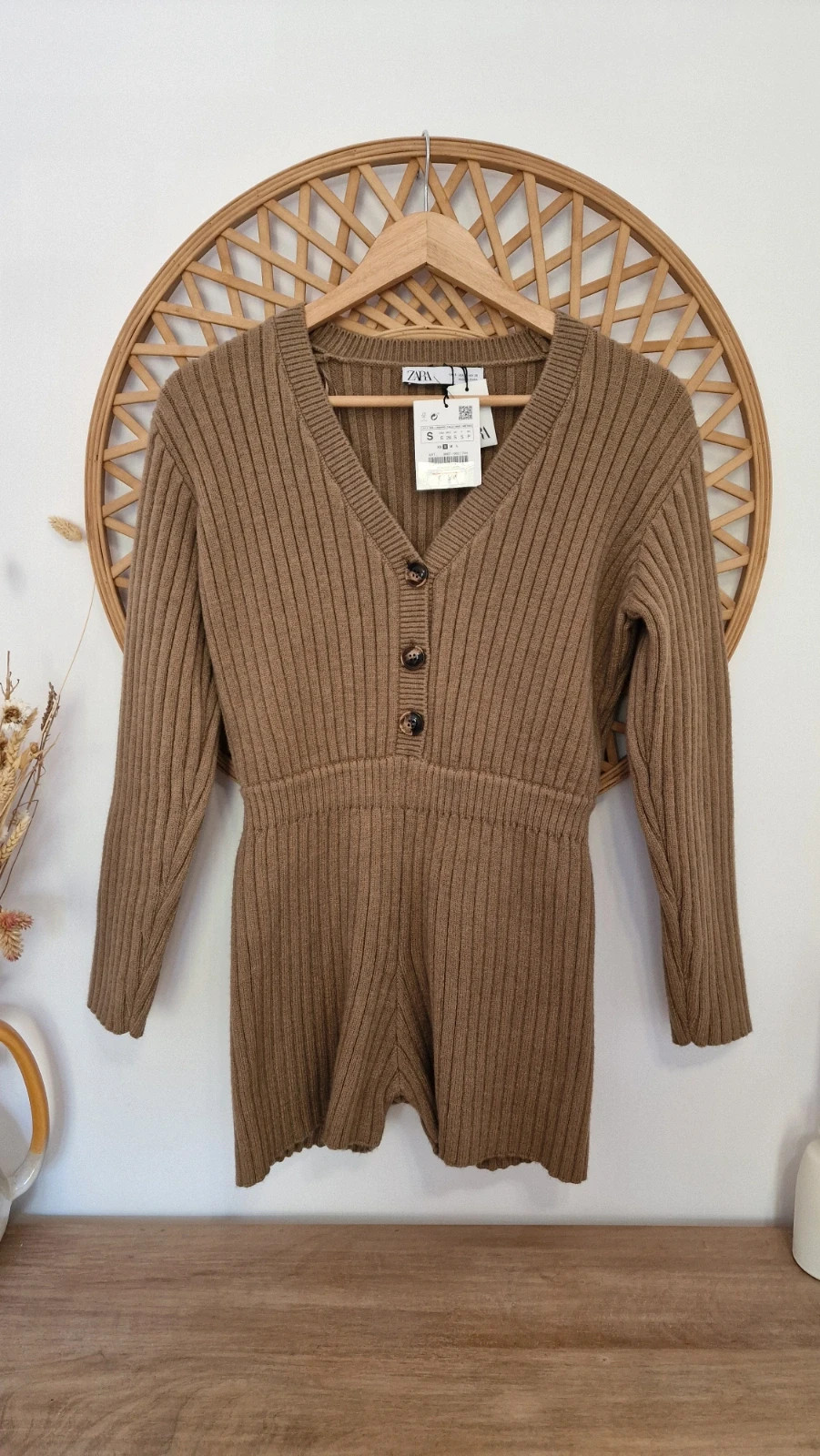 Mono otoño-invierno Zara Marrón Camel Punto Canalé · Brown Knit Romper · Combishort Maille · Talla S – Zara – taille S / 36 / 8 2