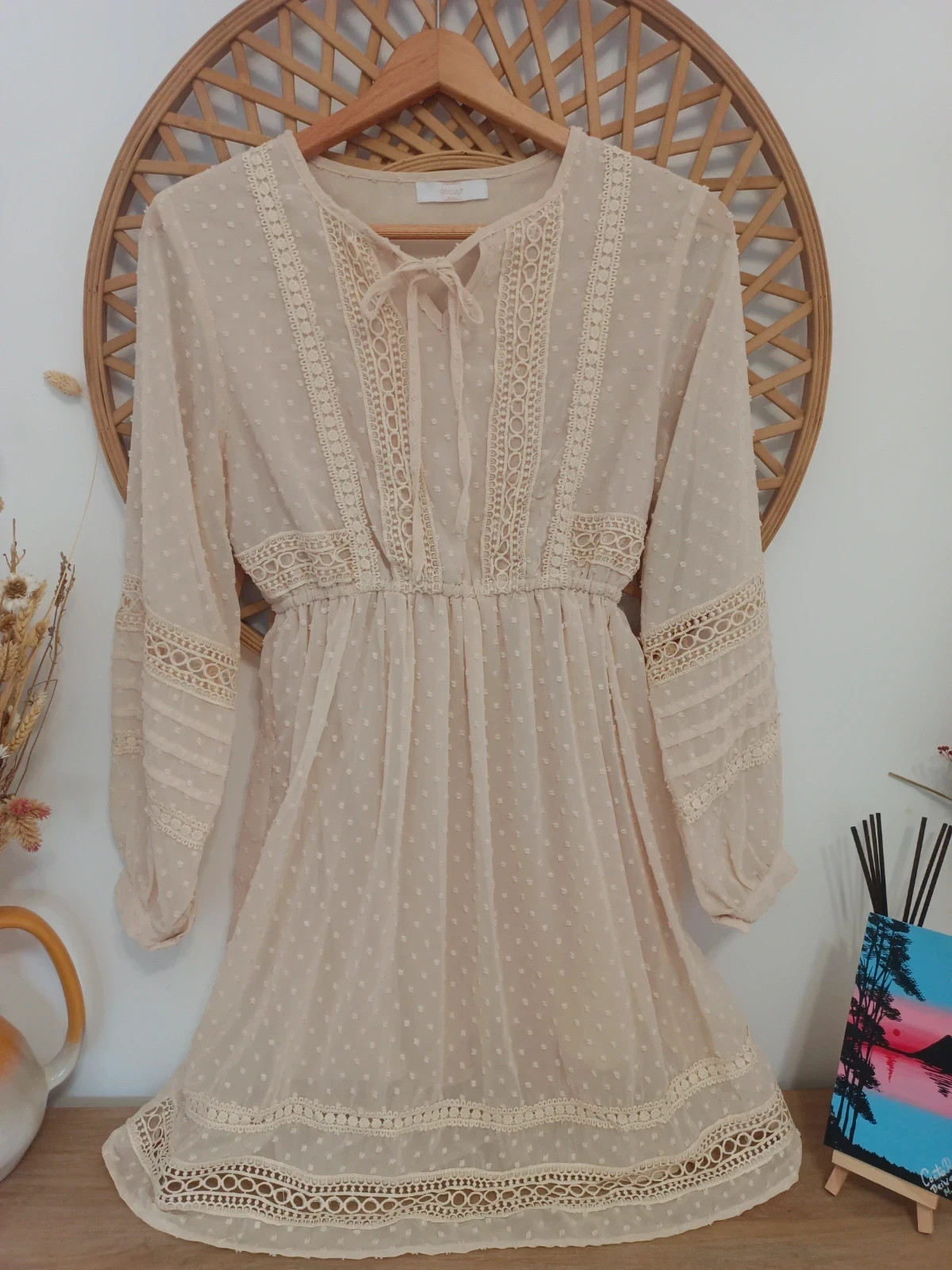 Vestido boho beige plumeti encaje manga larga romántico Coquet talla única S M estilo ibicenco – Vintage Dressing – taille S / 36 / 8 2