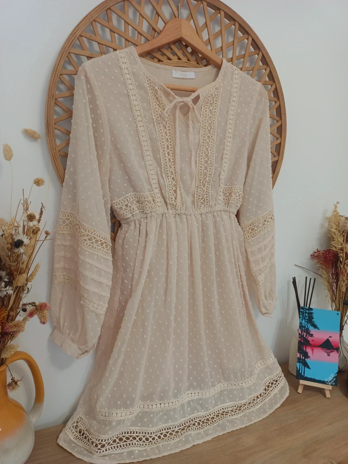 Vestido boho beige plumeti encaje manga larga romántico Coquet talla única S M estilo ibicenco – Vintage Dressing – taille S / 36 / 8 3