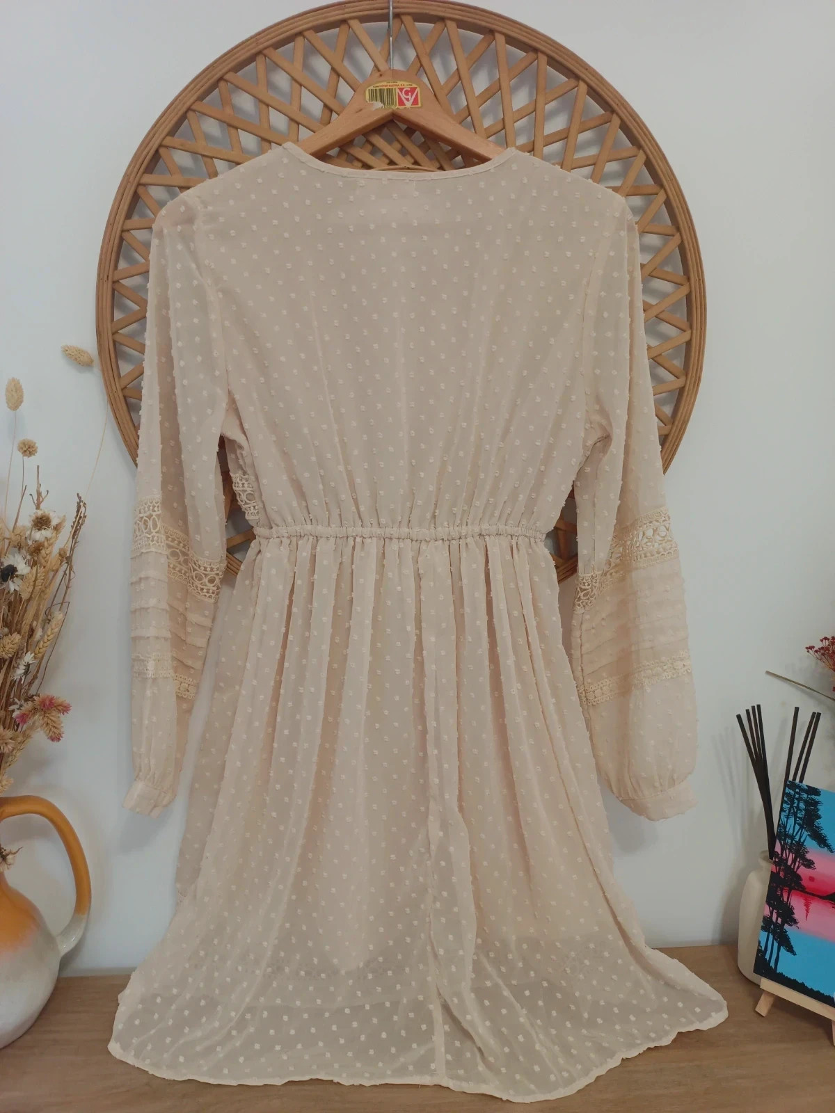 Vestido boho beige plumeti encaje manga larga romántico Coquet talla única S M estilo ibicenco – Vintage Dressing – taille S / 36 / 8 5