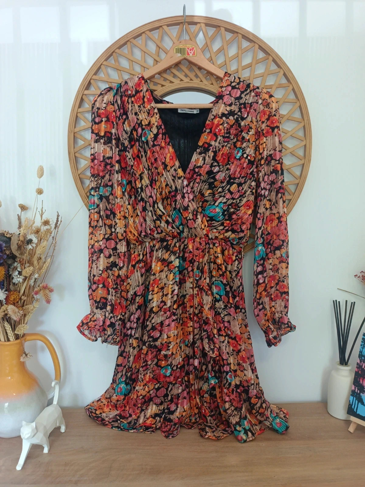 Vestido Papillonne Floral Plisado Wrap Mini Dress Robe Fleurie Boho Talla M