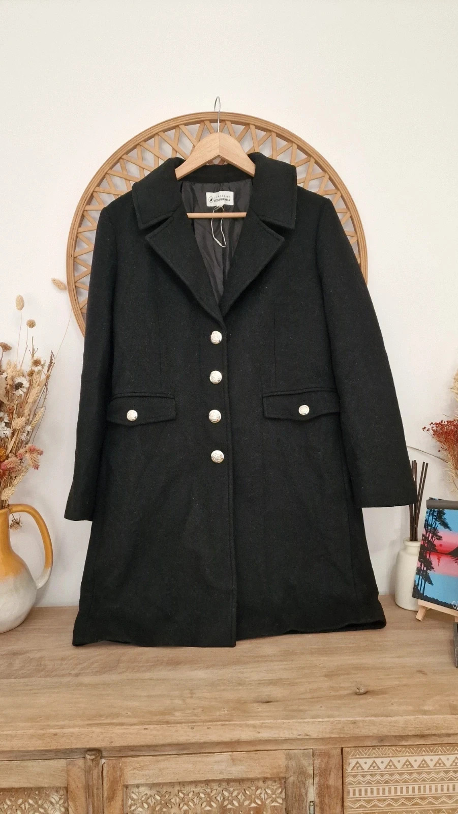 Abrigo largo negro Cortefiel mujer talla S botones joya elegante chic coat manteau cappotto – Cortefiel – taille S / 36 / 8