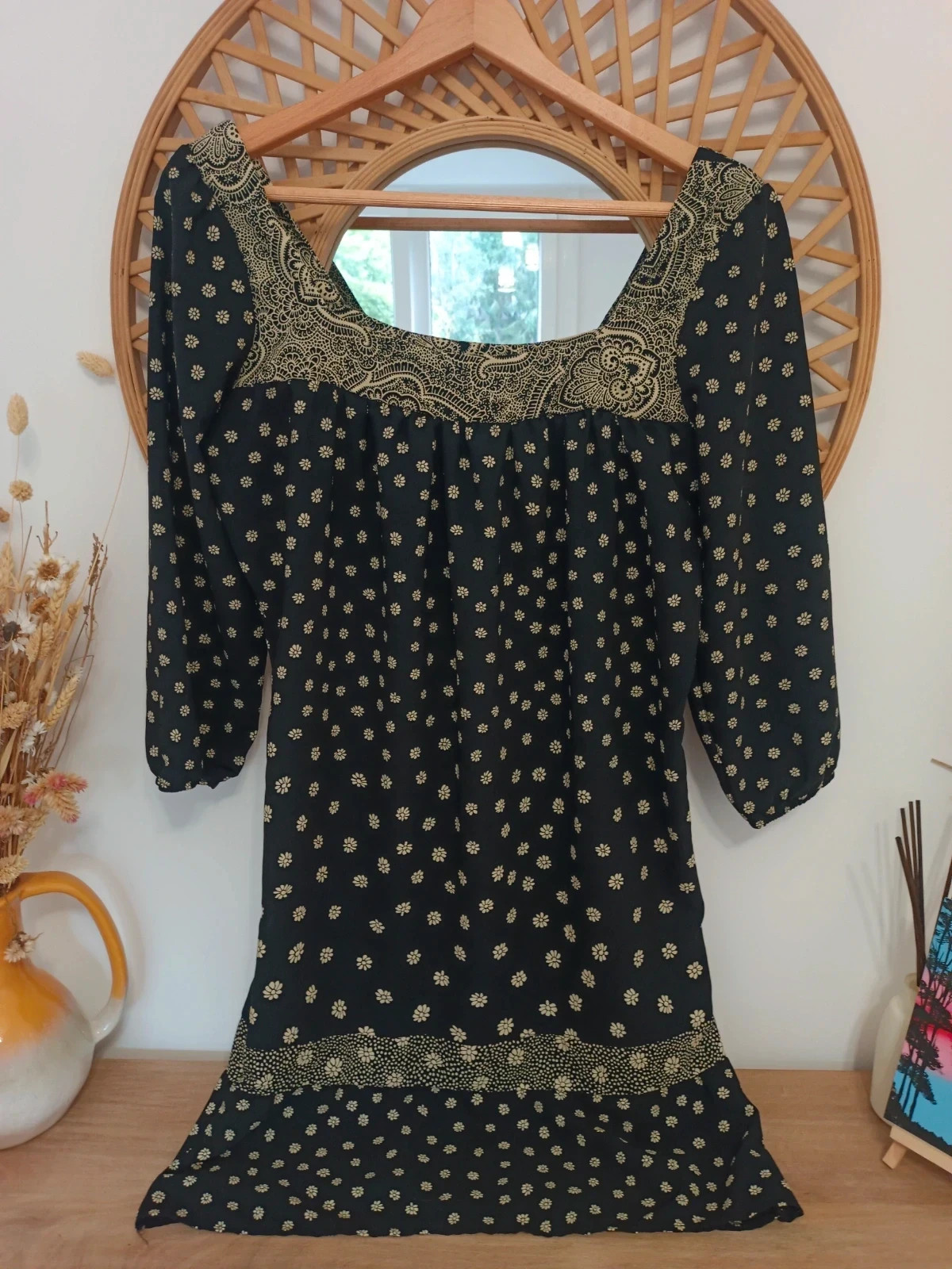 Vestido boho negro estampado floral | Boho floral dress | Robe bohème fleurie noire – Vintage Dressing – taille M / 38 / 10 2
