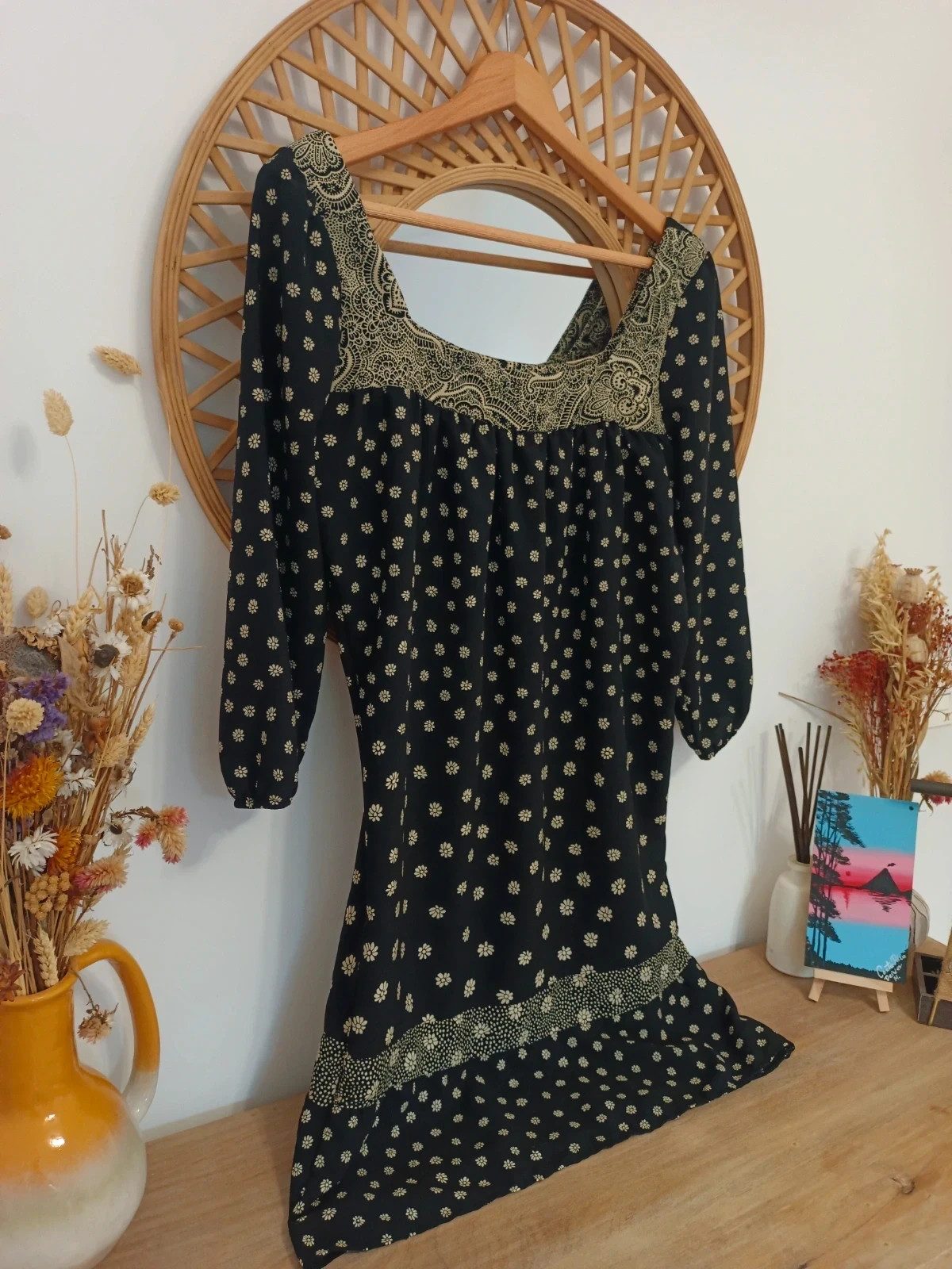 Vestido boho negro estampado floral | Boho floral dress | Robe bohème fleurie noire – Vintage Dressing – taille M / 38 / 10 3