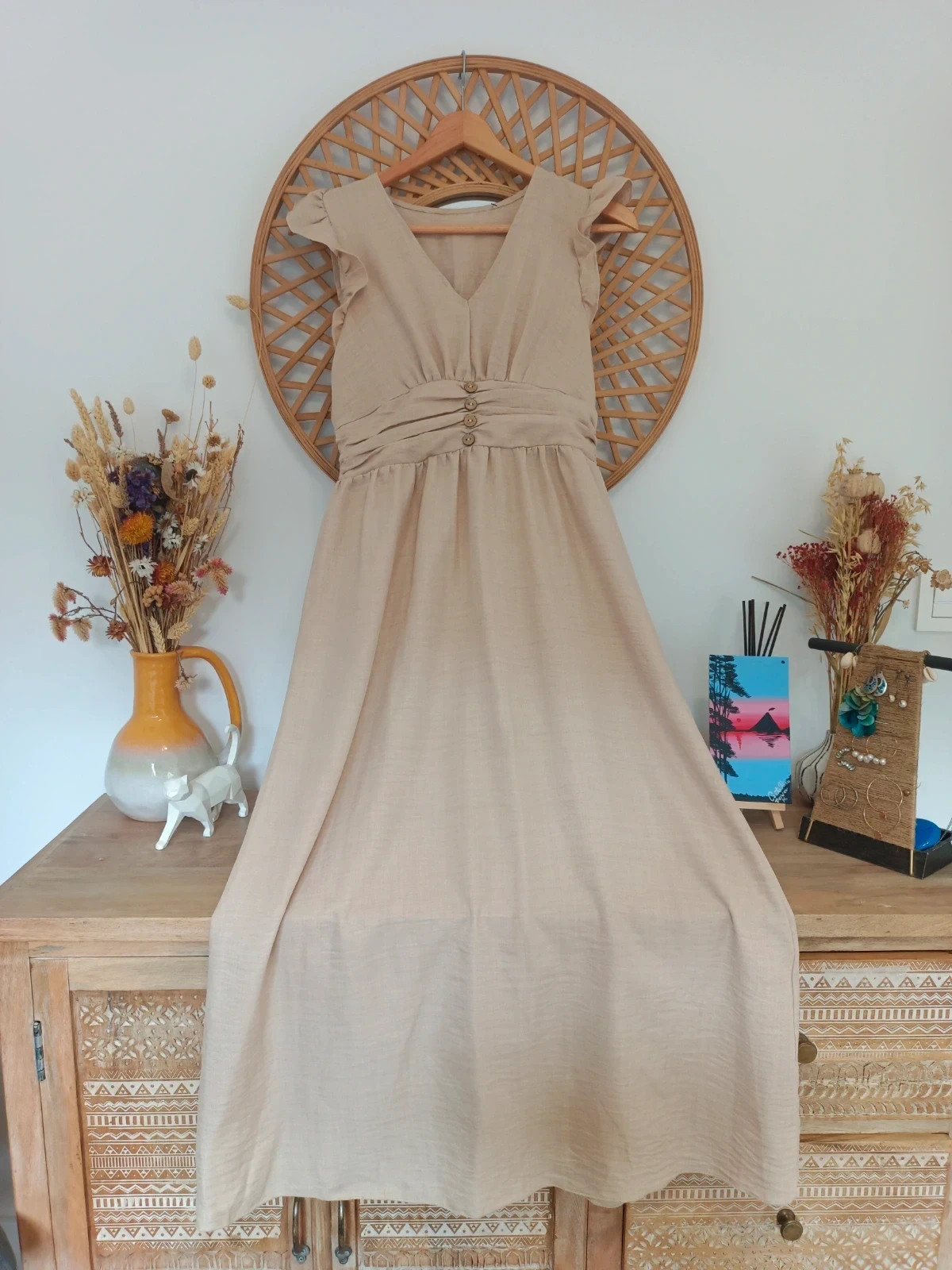 Vestido midi boho beige S | Beige boho midi dress | Robe bohème beige | Abito boho beige – Shein – taille S / 36 / 8
