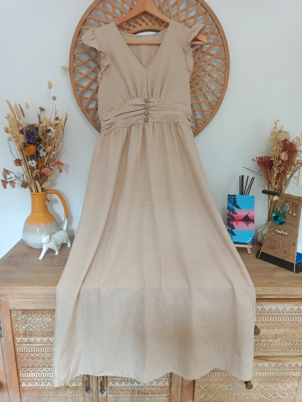 Vestido midi boho beige S | Beige boho midi dress | Robe bohème beige | Abito boho beige – Shein – taille S / 36 / 8 2