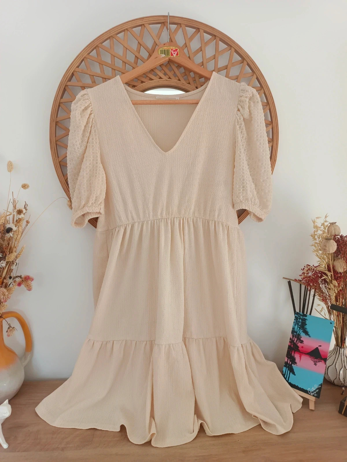Vestido Boho MNG Crema Romantic Puff Sleeve Cottagecore Beige Dress L