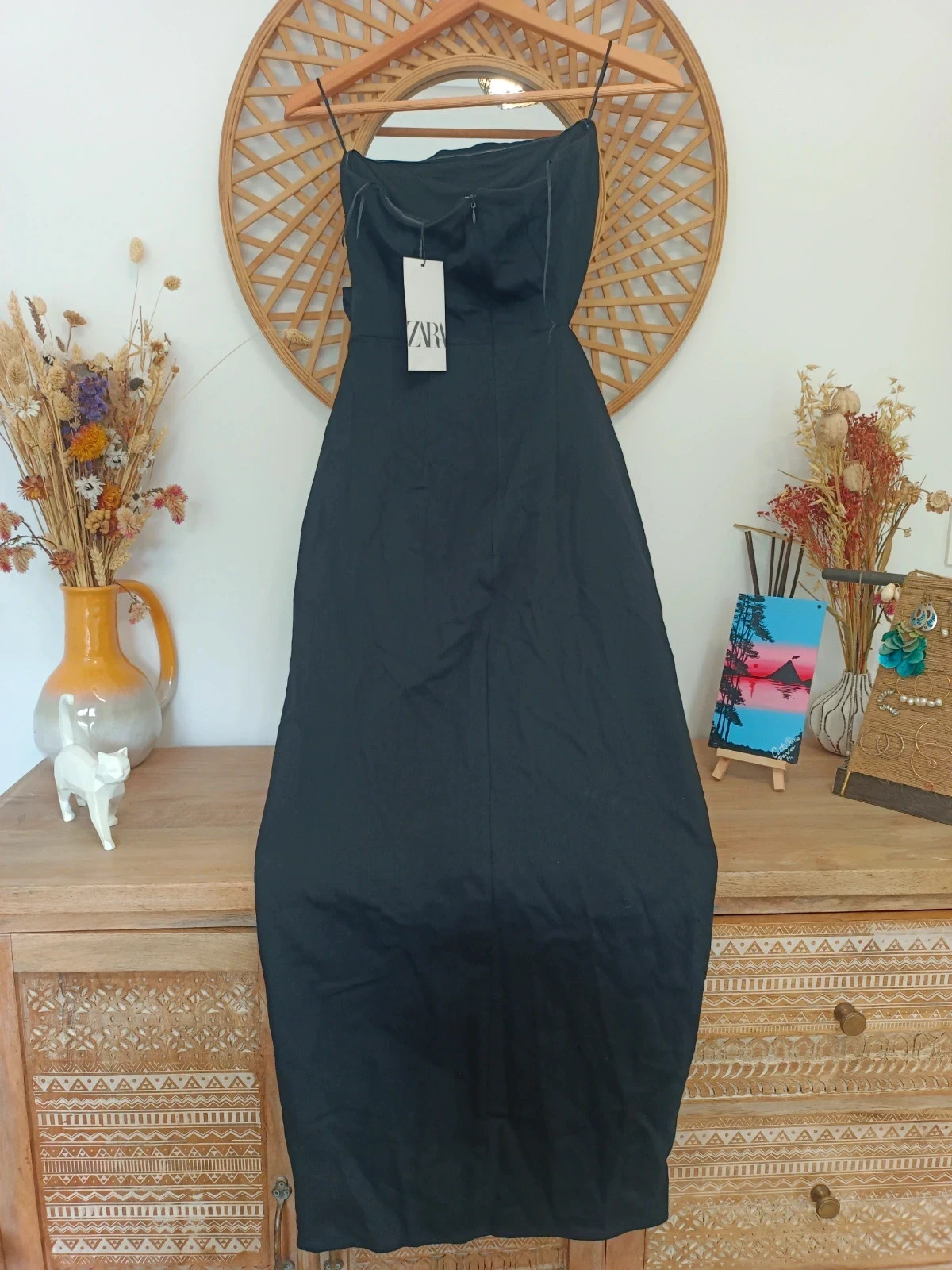 vestido negro palabra de honor zara midi black dress cocktail robe élégante party dress bow detail – Zara – taille S 3