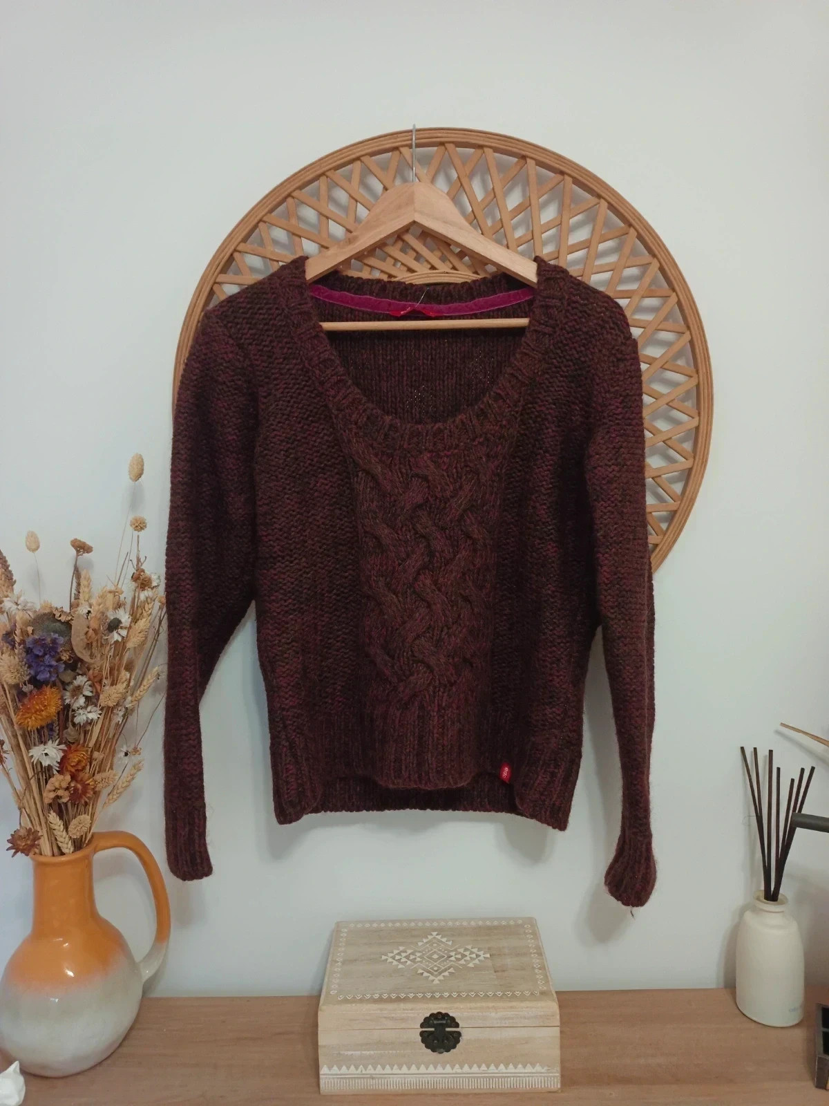 Jersey vintage edc Cable Knit Wool Alpaca Sweater Brown Burgundy Pull Laine Maglia Lana