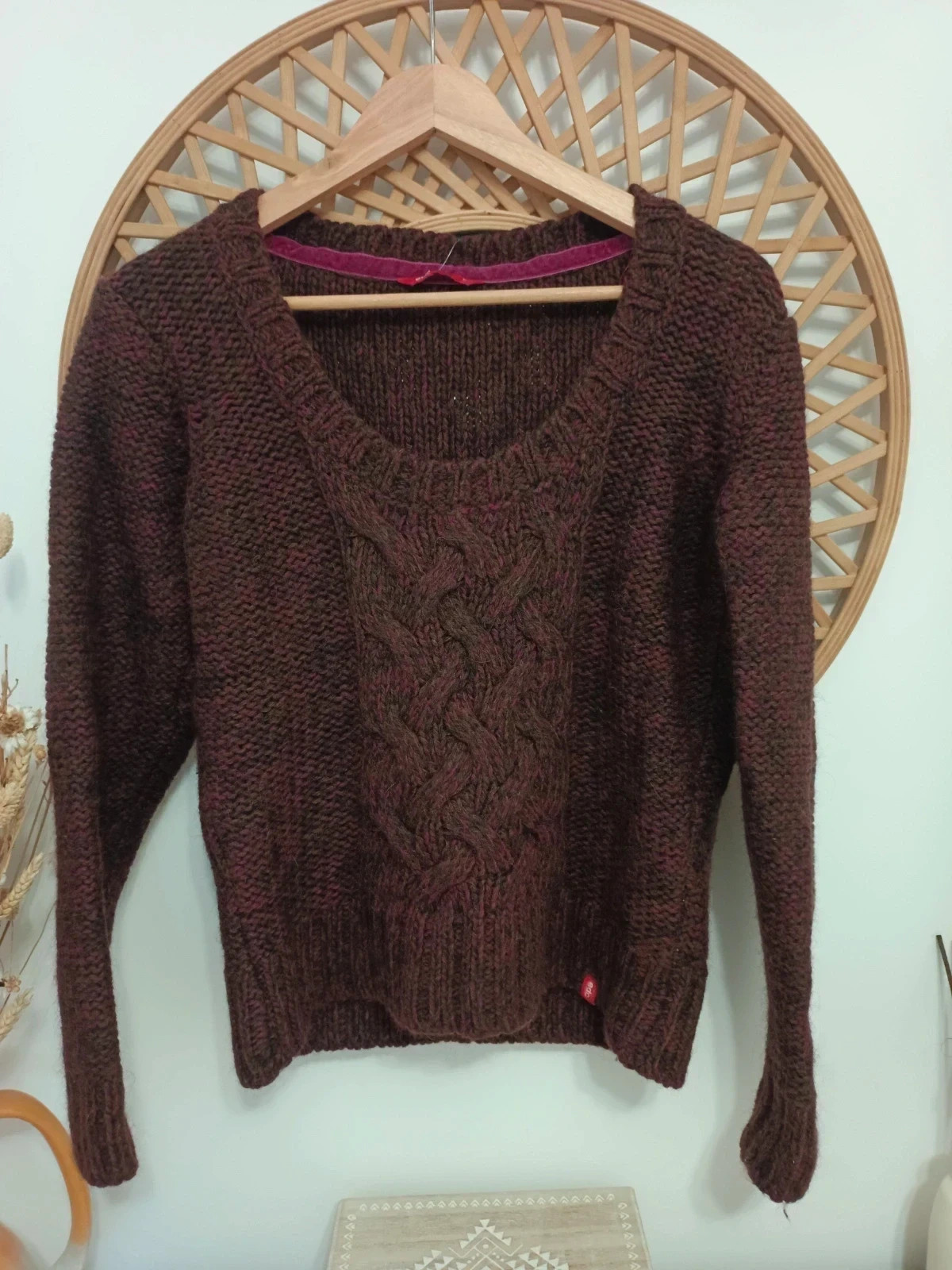 Jersey vintage edc Cable Knit Wool Alpaca Sweater Brown Burgundy Pull Laine Maglia Lana – EDC by Esprit – taille L / 40 / 12 2