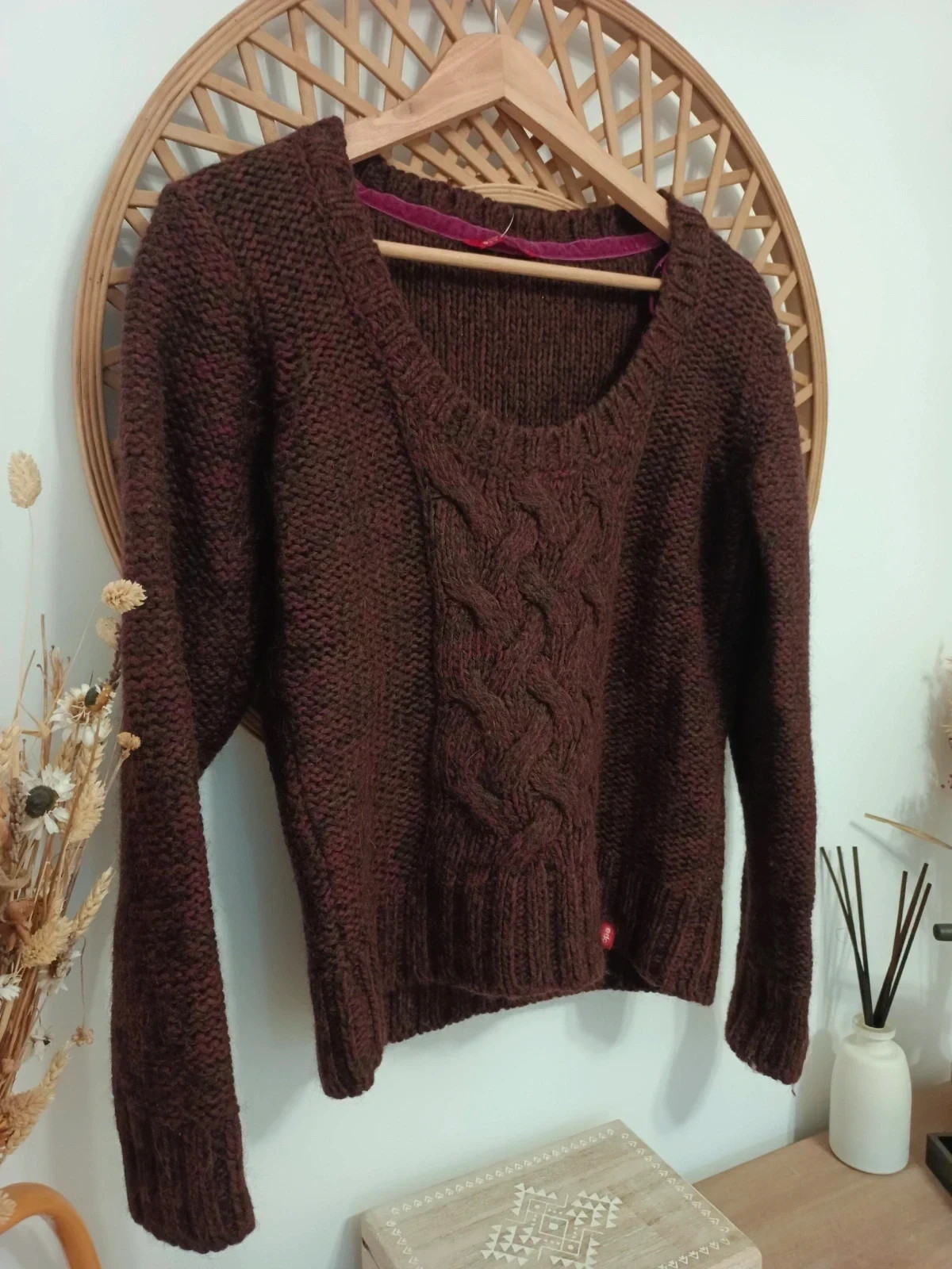 Jersey vintage edc Cable Knit Wool Alpaca Sweater Brown Burgundy Pull Laine Maglia Lana – EDC by Esprit – taille L / 40 / 12 3