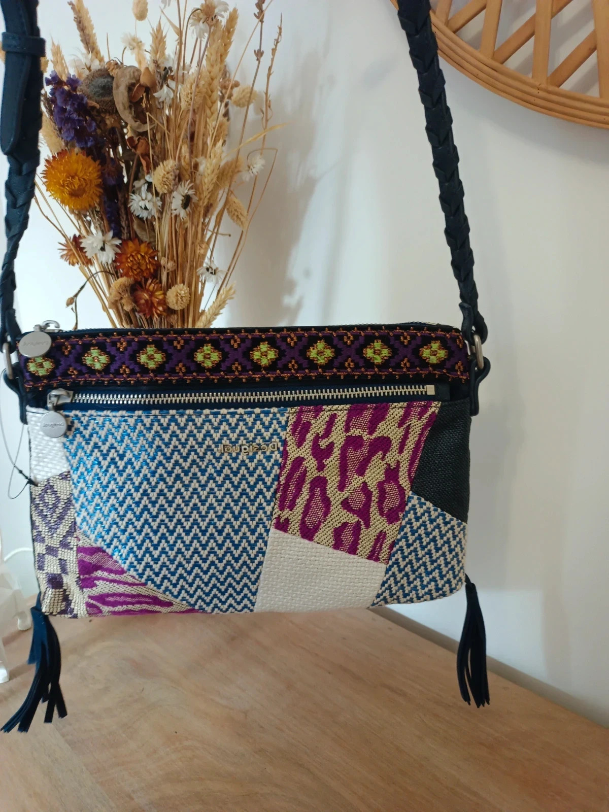 Bolso Desigual Patchwork Multicolor Bordado Asa Trenzada Boho Ethnic Shoulder Bag – Desigual – taille Taille unique 4