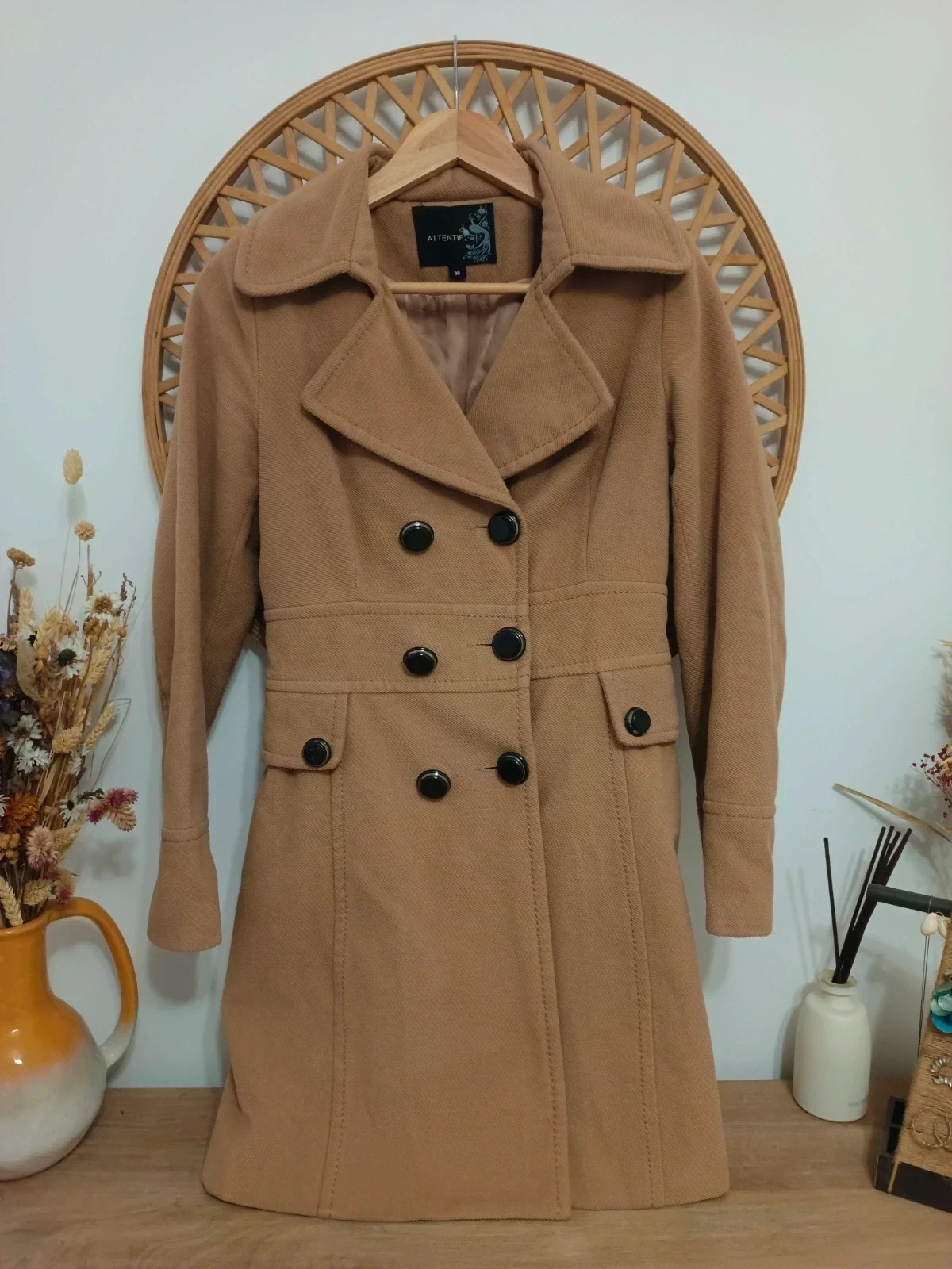 Camel Elegance Coat Manteau Chic Beige Abrigo Clásico – attentif – taille M / 38 / 10 2