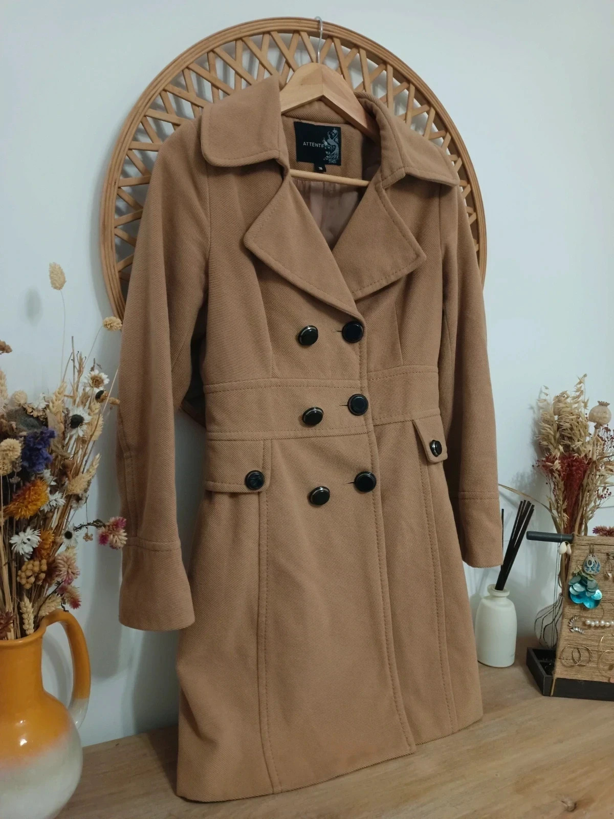 Camel Elegance Coat Manteau Chic Beige Abrigo Clásico – attentif – taille M / 38 / 10 3