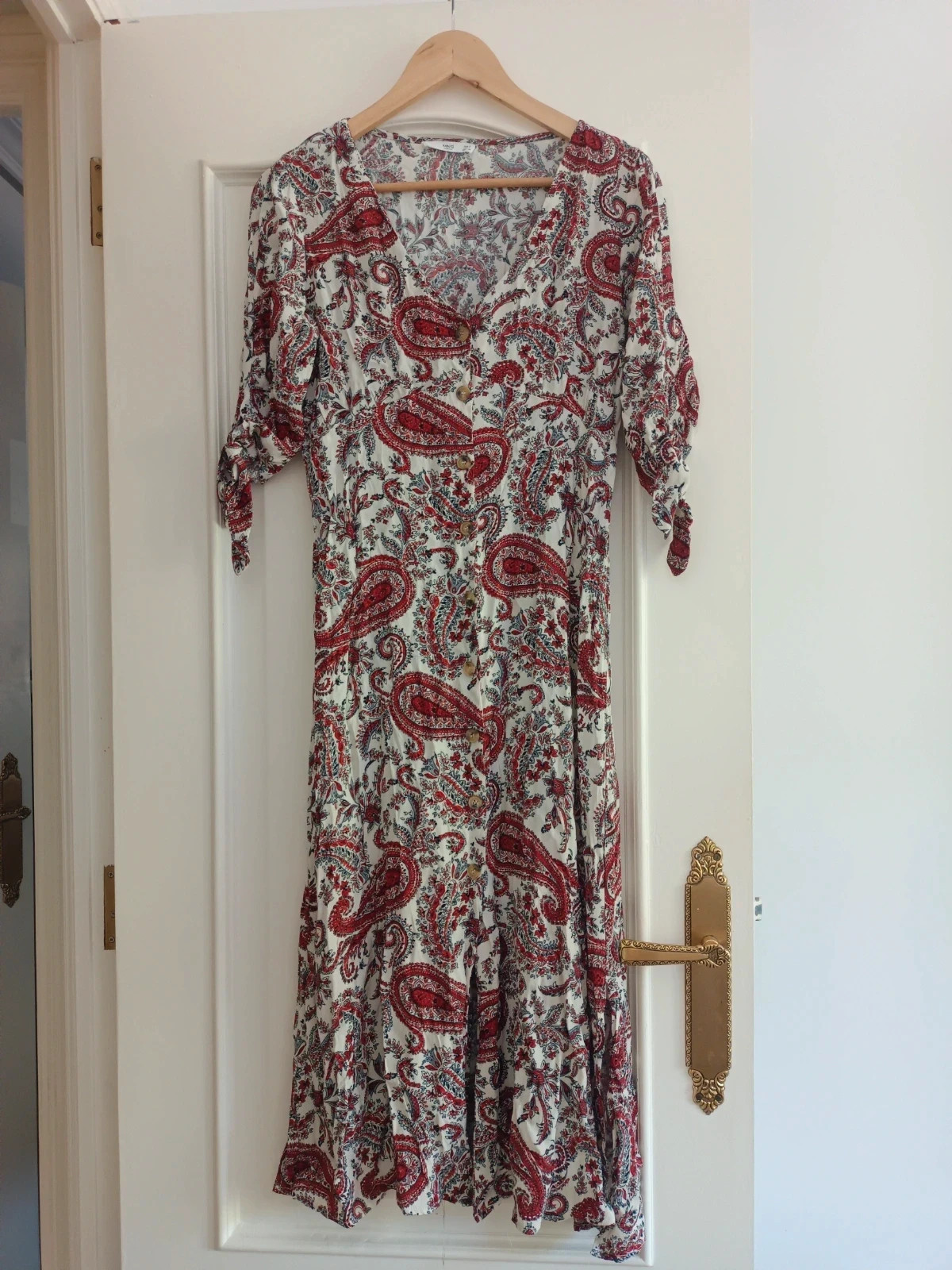 Vestido fluido estampado paisley rojo blanco botones manga lazada boho verano – Mango – taille S / 36 / 8 2