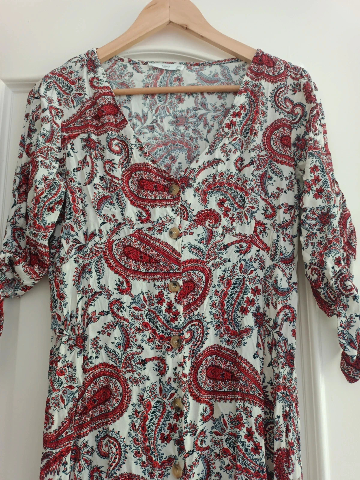Vestido fluido estampado paisley rojo blanco botones manga lazada boho verano – Mango – taille S / 36 / 8 3
