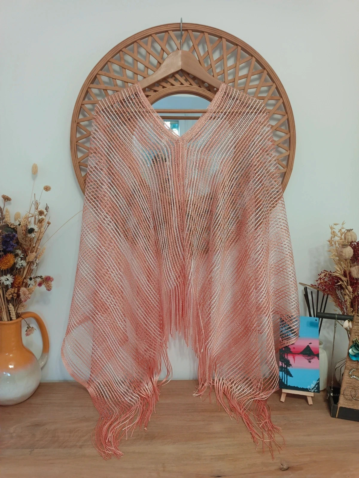 Caftan de Fiesta Rosa Palo Brillante Flecos Capa Elegante Evening Shawl Glitter – Local – taille Taille unique