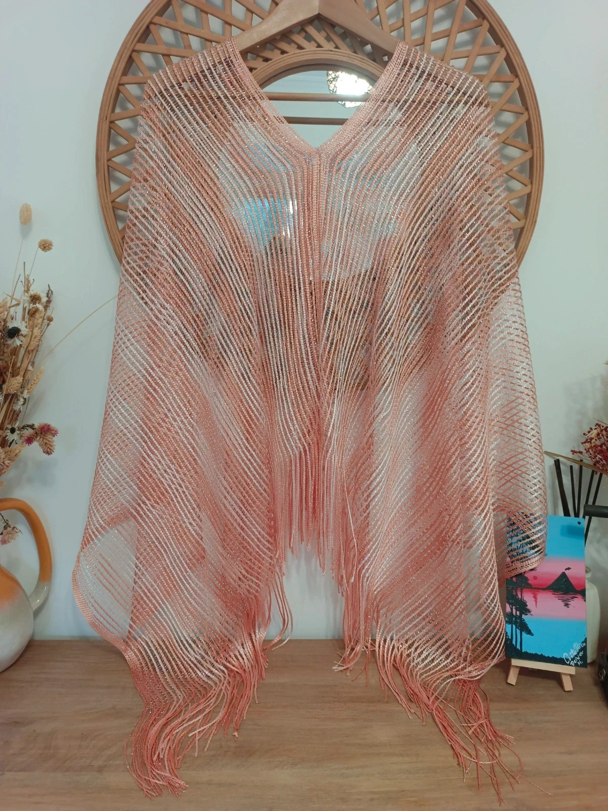 Caftan de Fiesta Rosa Palo Brillante Flecos Capa Elegante Evening Shawl Glitter – Local – taille Taille unique 2