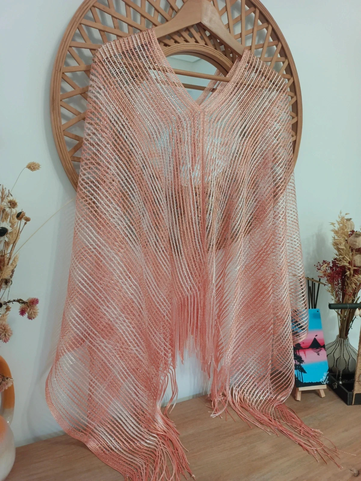 Caftan de Fiesta Rosa Palo Brillante Flecos Capa Elegante Evening Shawl Glitter – Local – taille Taille unique 3