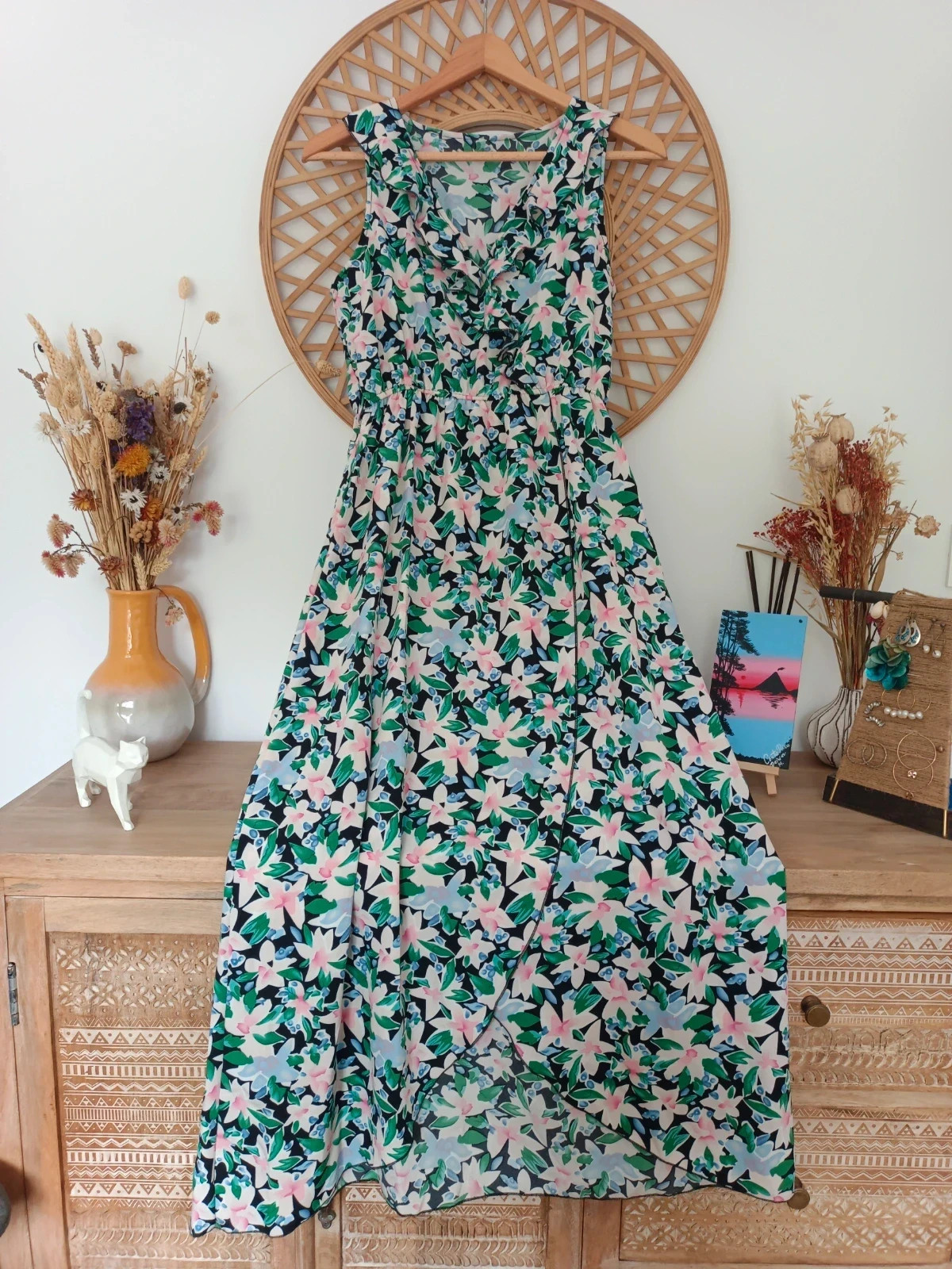 Vestido largo floral boho verano escote cruzado volantes romántico maxi dress S-M – Local – taille EU 36