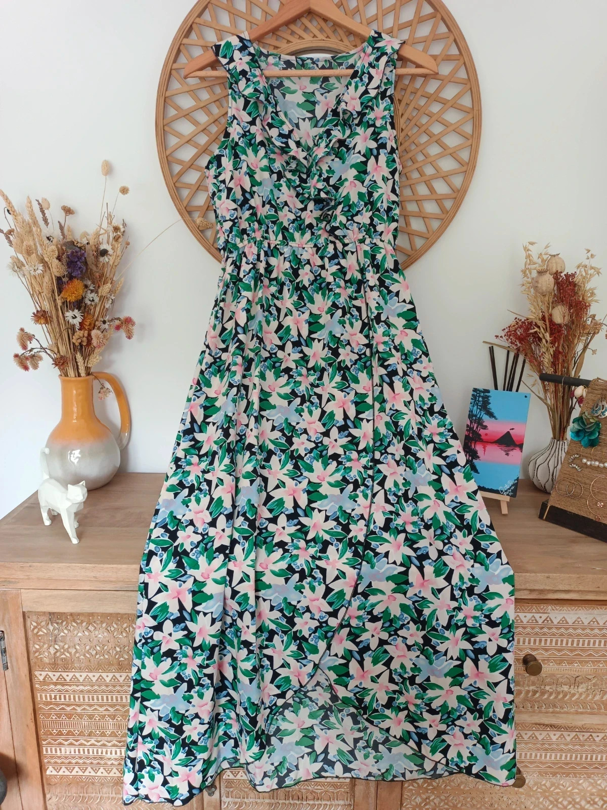 Vestido largo floral boho verano escote cruzado volantes romántico maxi dress S-M – Local – taille EU 36 2