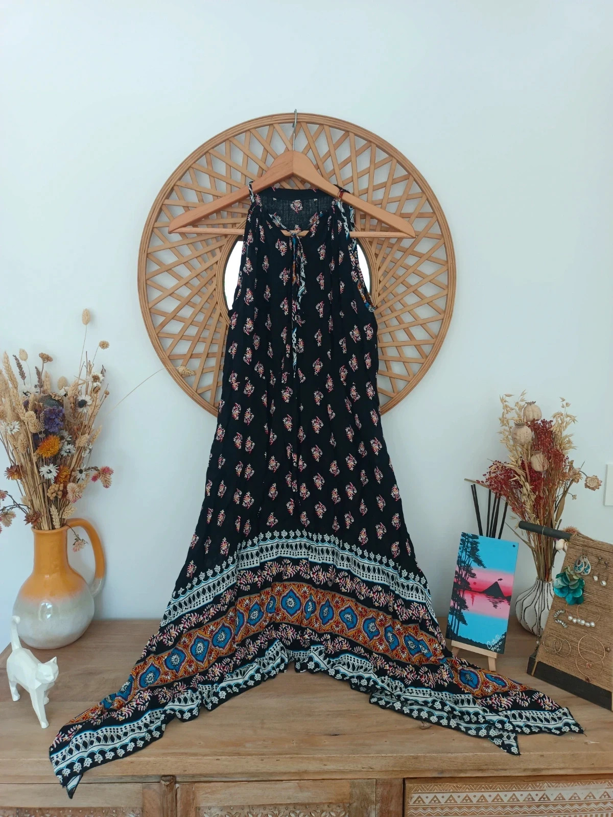Vestido boho negro estampado étnico asimétrico rayon talla S verano festival – Local – taille S / 36 / 8