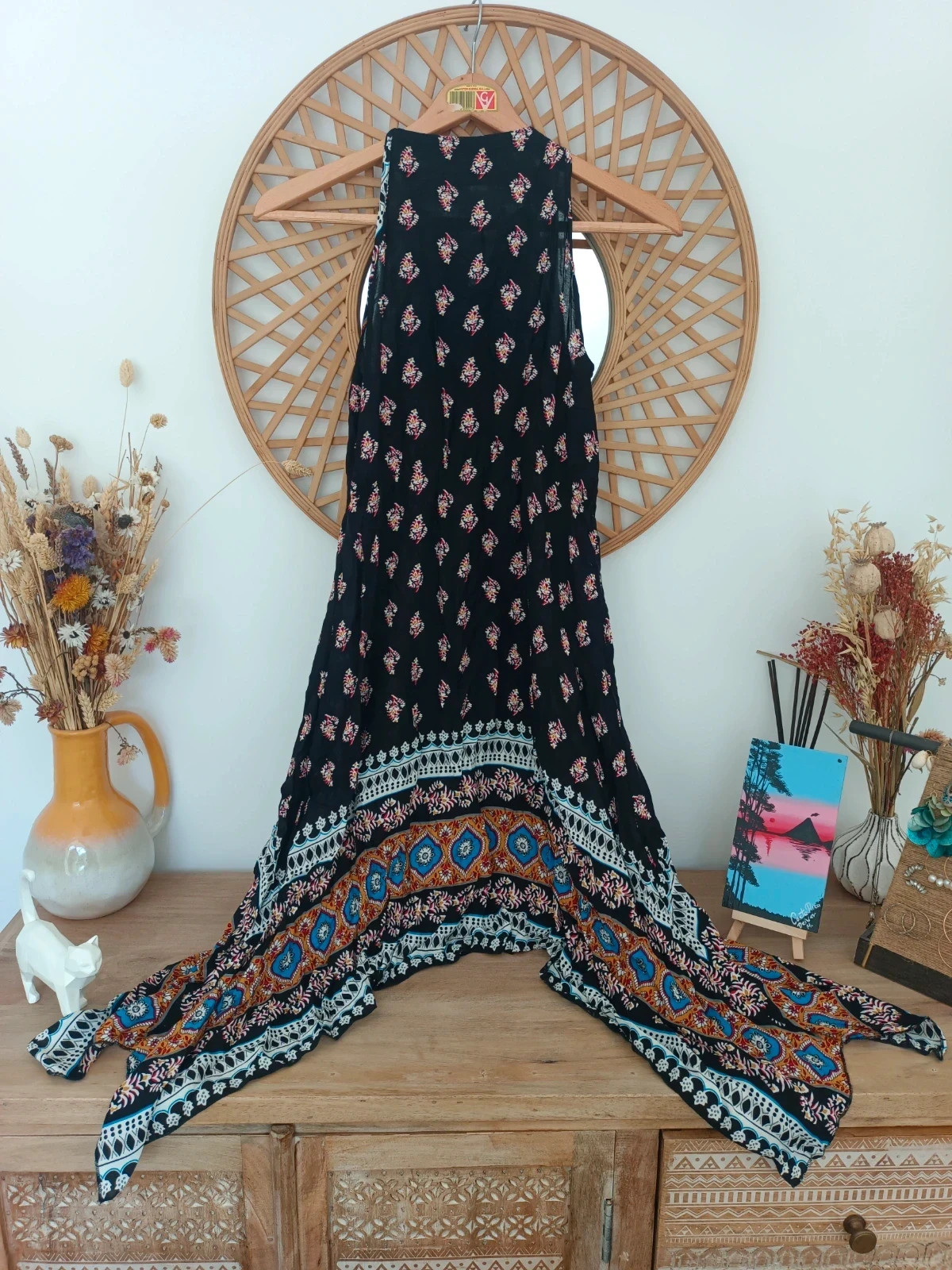 Vestido boho negro estampado étnico asimétrico rayon talla S verano festival – Local – taille S / 36 / 8 3