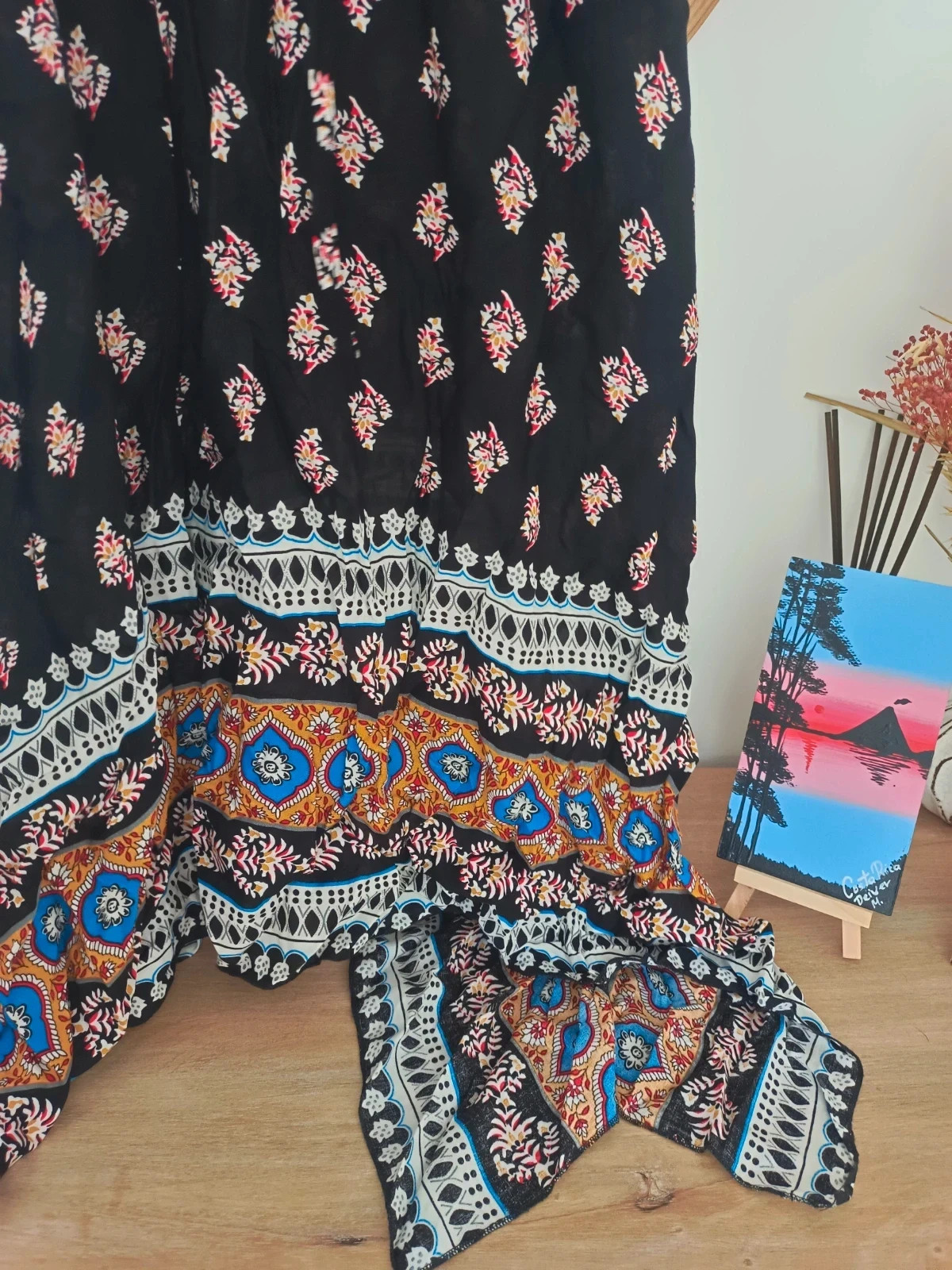Vestido boho negro estampado étnico asimétrico rayon talla S verano festival – Local – taille S / 36 / 8 4