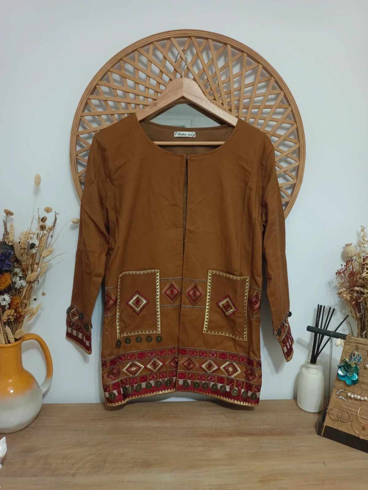 chaqueta boho étnica bordada folk tribal camel bohemian jacket festival hippie chic – Golden Live – taille S / 36 / 8