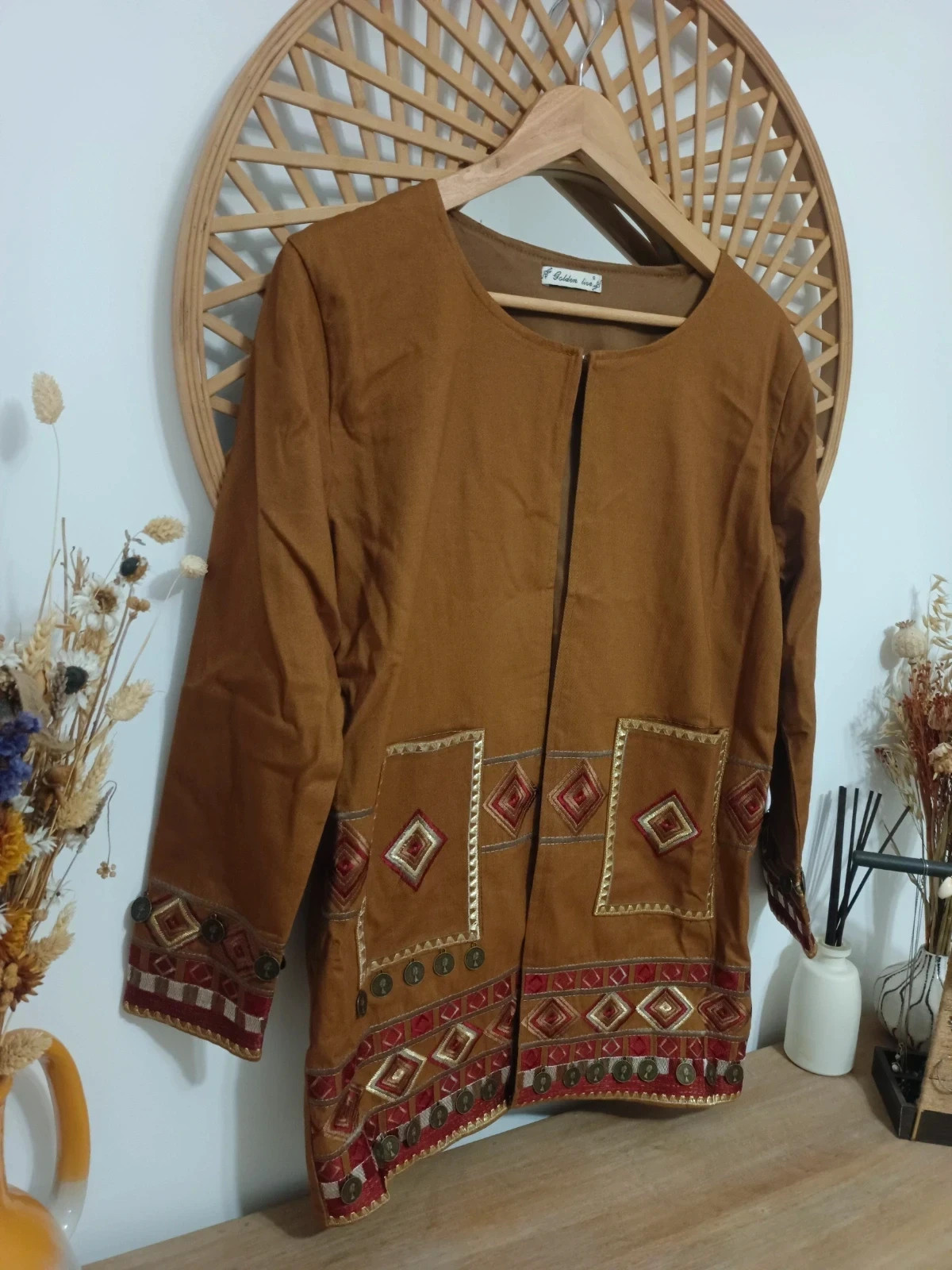 chaqueta boho étnica bordada folk tribal camel bohemian jacket festival hippie chic – Golden Live – taille S / 36 / 8 3