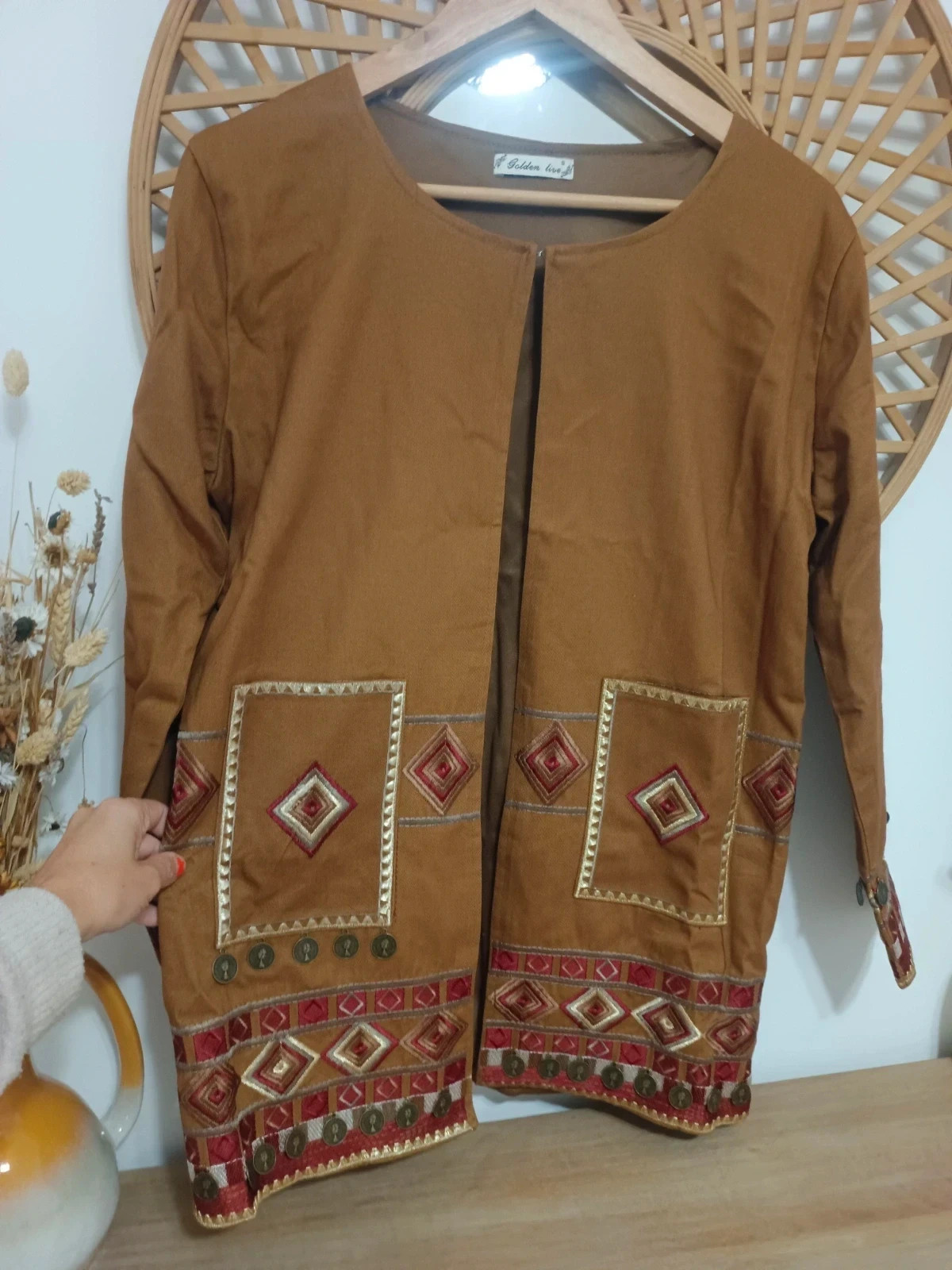chaqueta boho étnica bordada folk tribal camel bohemian jacket festival hippie chic – Golden Live – taille S / 36 / 8 4