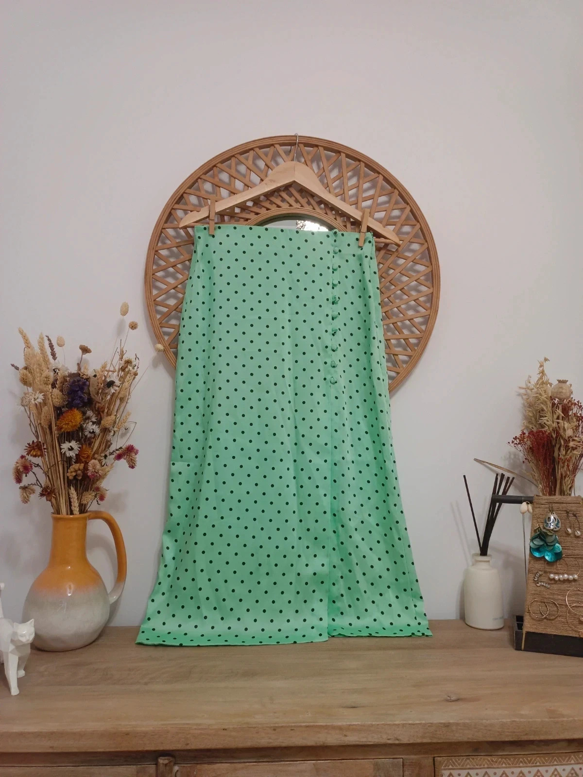 ZARA Polka Dot Skirt Verde Menta Jupe à Pois Green Midi Falda Botones Laterales – Zara – taille S / 36 / 8