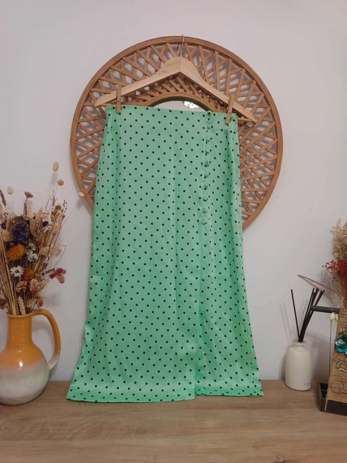 ZARA Polka Dot Skirt Verde Menta Jupe à Pois Green Midi Falda Botones Laterales – Zara – taille S / 36 / 8 2