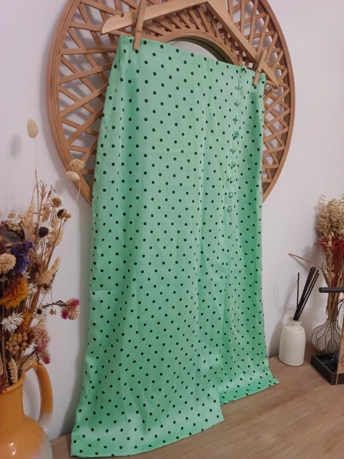 ZARA Polka Dot Skirt Verde Menta Jupe à Pois Green Midi Falda Botones Laterales – Zara – taille S / 36 / 8 3