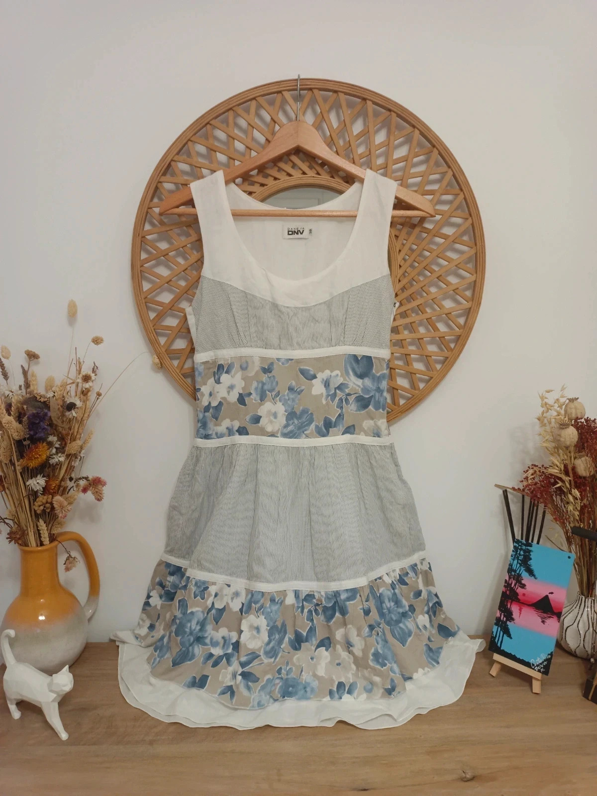 Vestido Midi Floral Azul DNV 100% Algodón Cottagecore Romantic Summer Dress Talla M ES 38