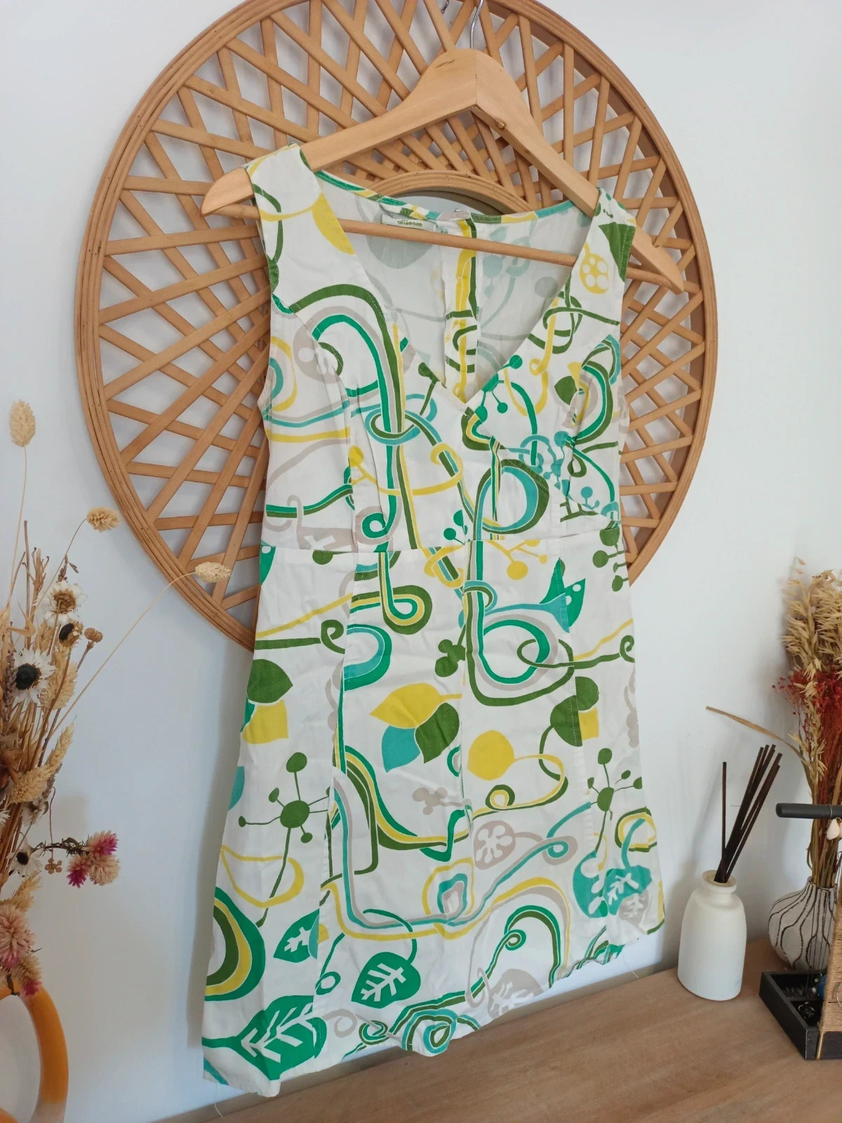 Vestido estampado Skunkfunk estilo retro geométrico verde y amarillo – Talla 1 / S – Skunkfunk – taille S / 36 / 8 2