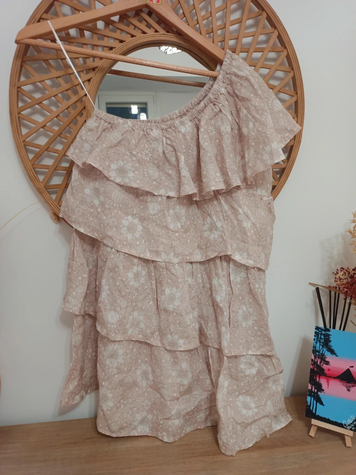 Vestido boho lino rosa empolvado floral volantes bardot romantic lino summer dress S-M Italy – Made In Italy – taille S / 36 / 8 3