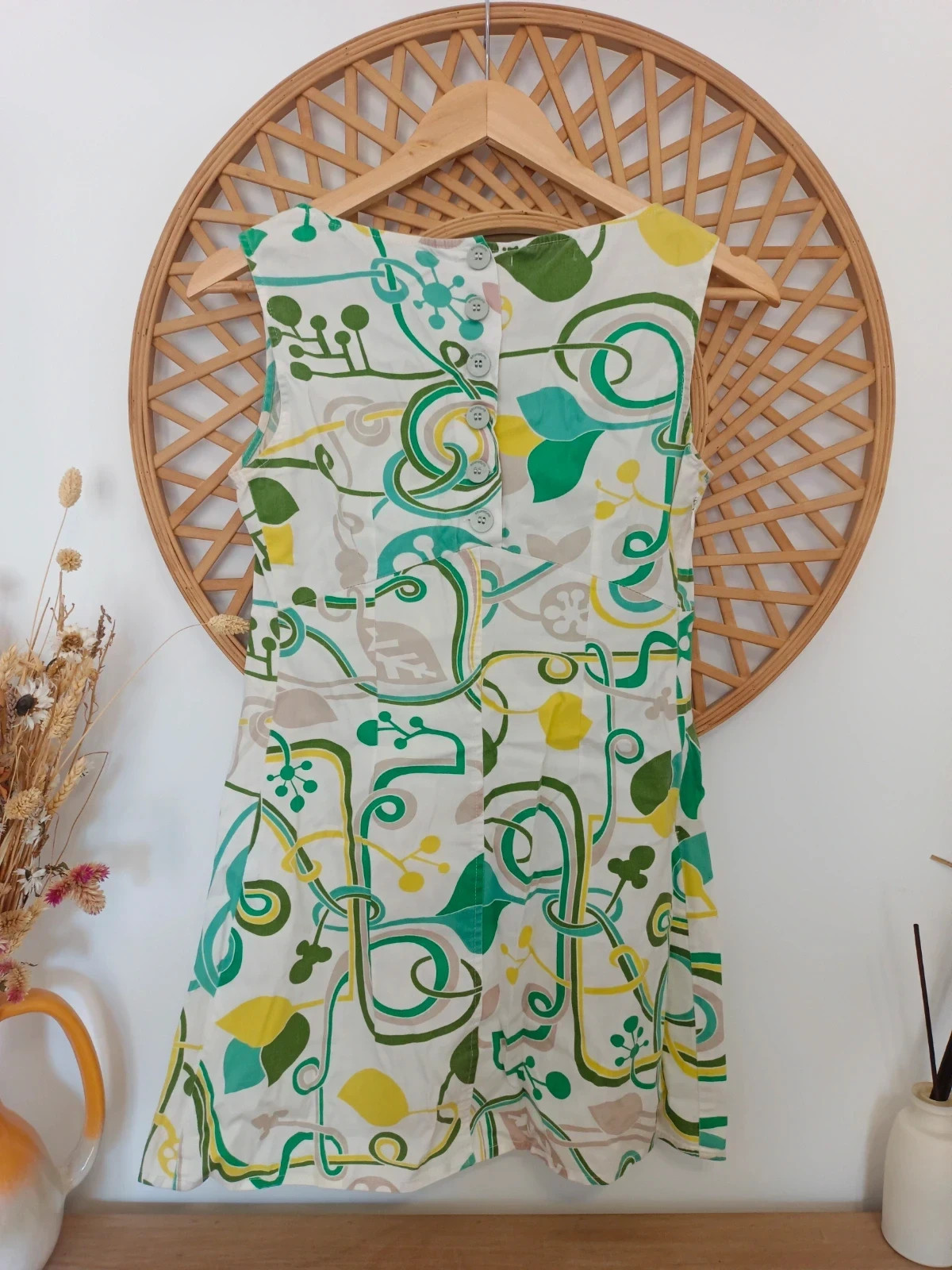 Vestido estampado Skunkfunk estilo retro geométrico verde y amarillo – Talla 1 / S – Skunkfunk – taille S / 36 / 8 3