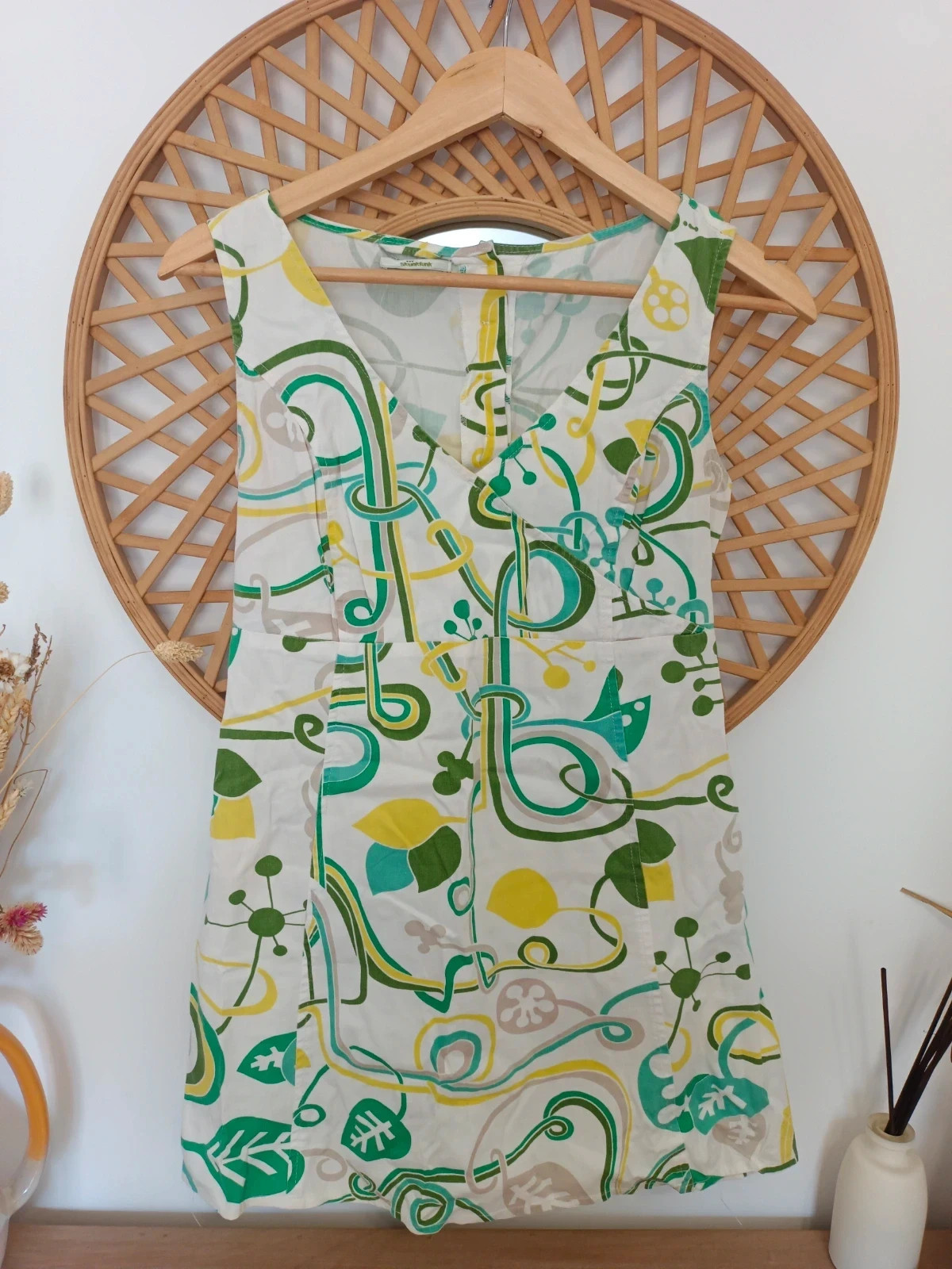 Vestido estampado Skunkfunk estilo retro geométrico verde y amarillo – Talla 1 / S – Skunkfunk – taille S / 36 / 8