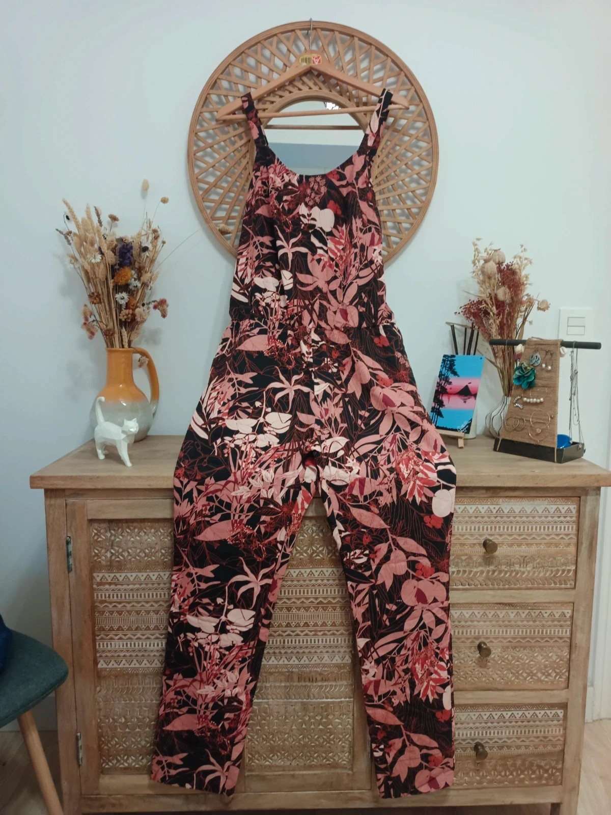 Mono largo floral Skunkfunk jumpsuit estampado botanical print modal rosa noir talla M-L nuevo